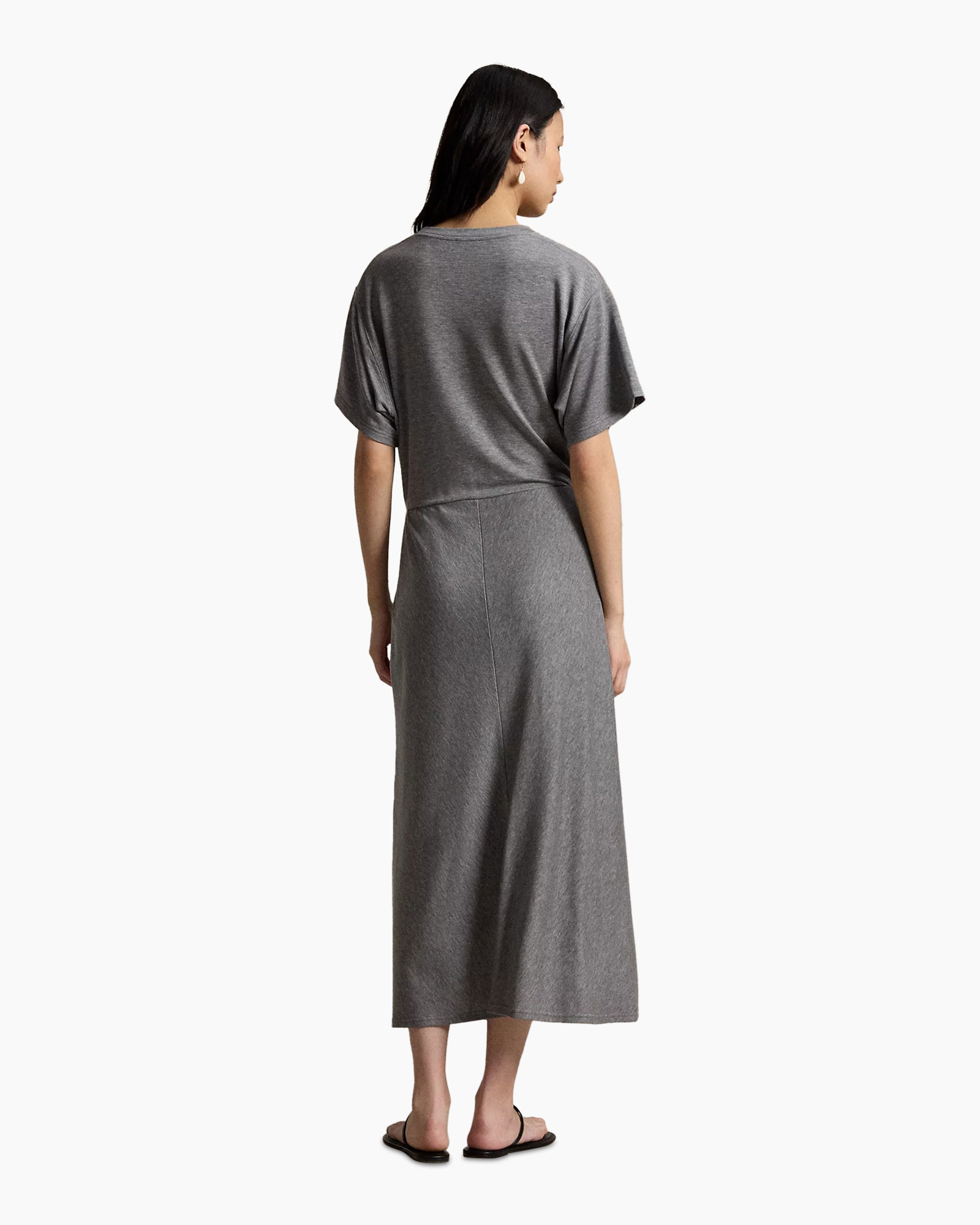 jurk, t-shirt jurk, midi jurk, knoopceintaille, zijsplit