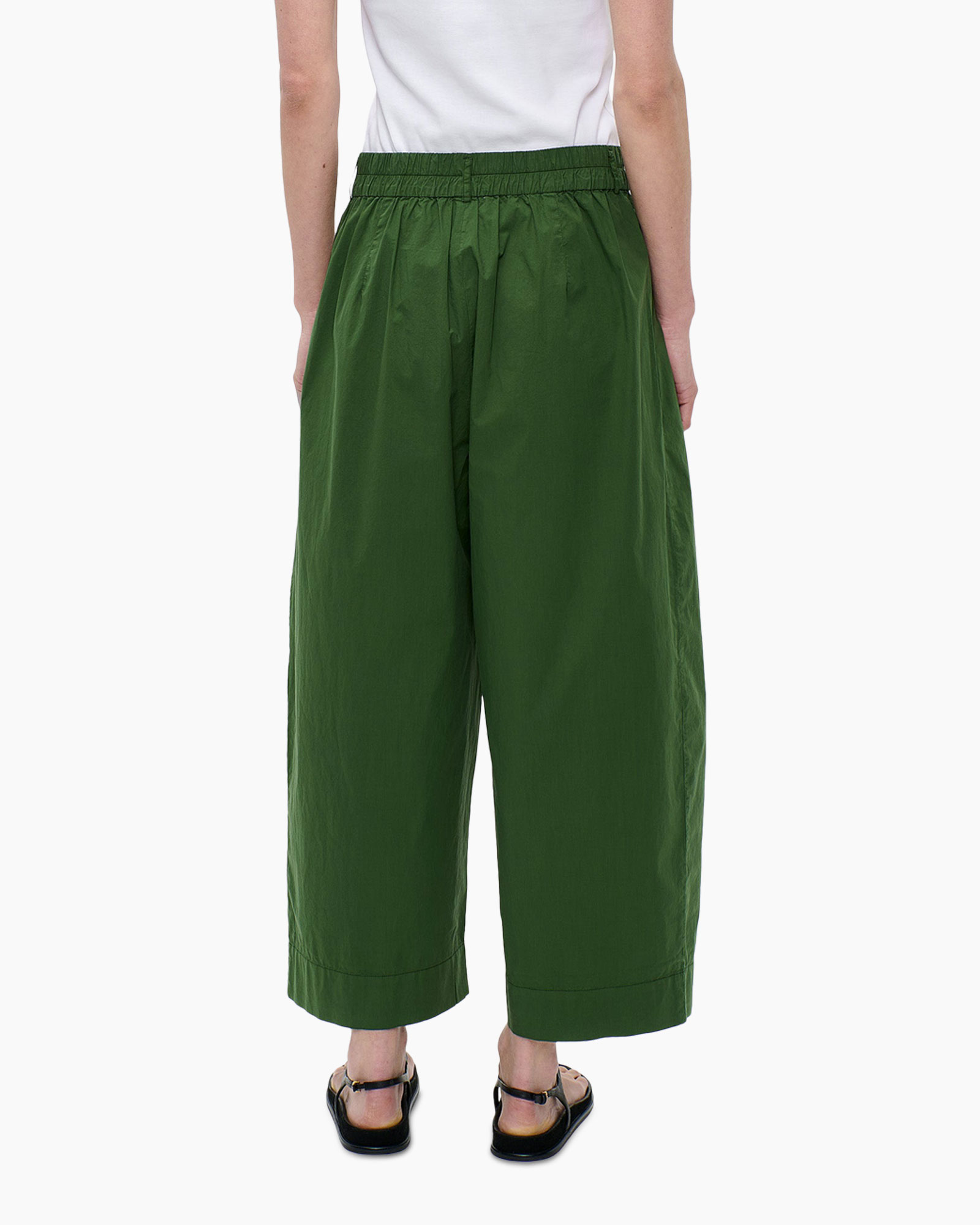 groene broek, wijd-uit, culotte, enkellengte, elastische taille