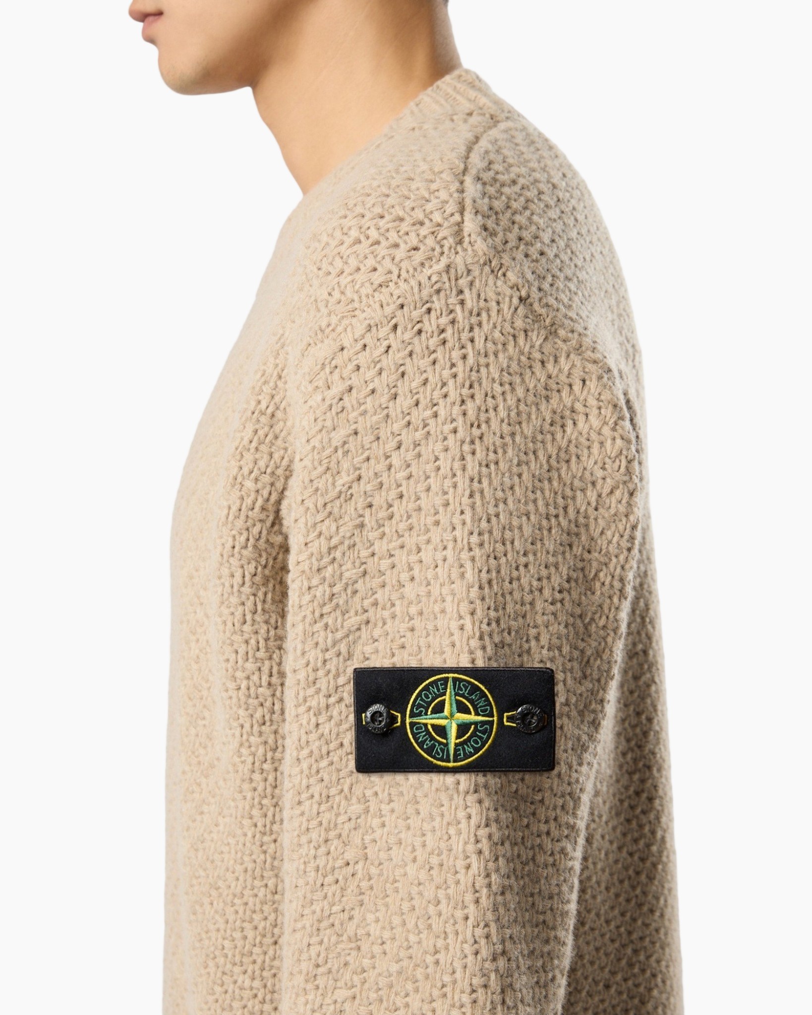 gebreide trui, beige, rondhals, patch, Stone Island patch