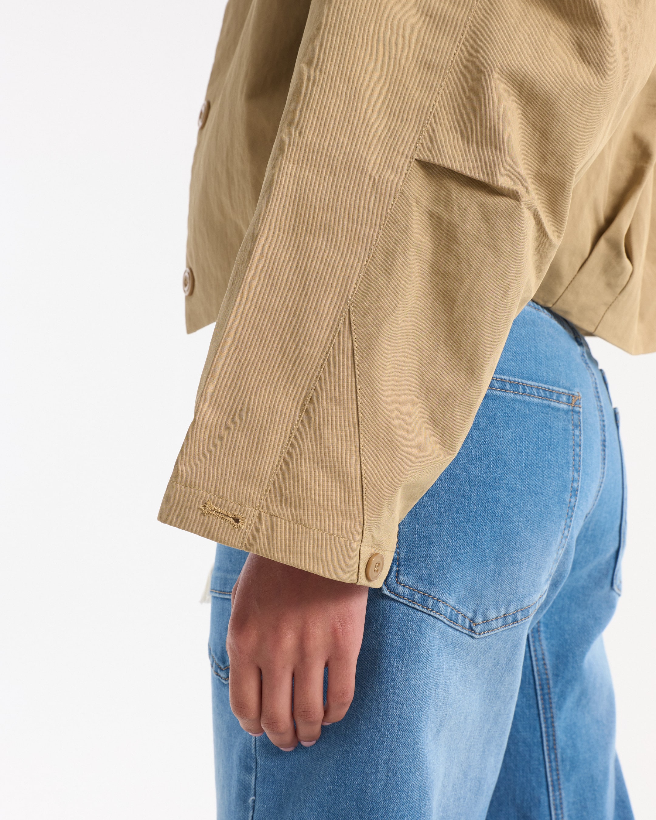 khaki jacket, long sleeve, buttoned cuff, twill fabric, side view