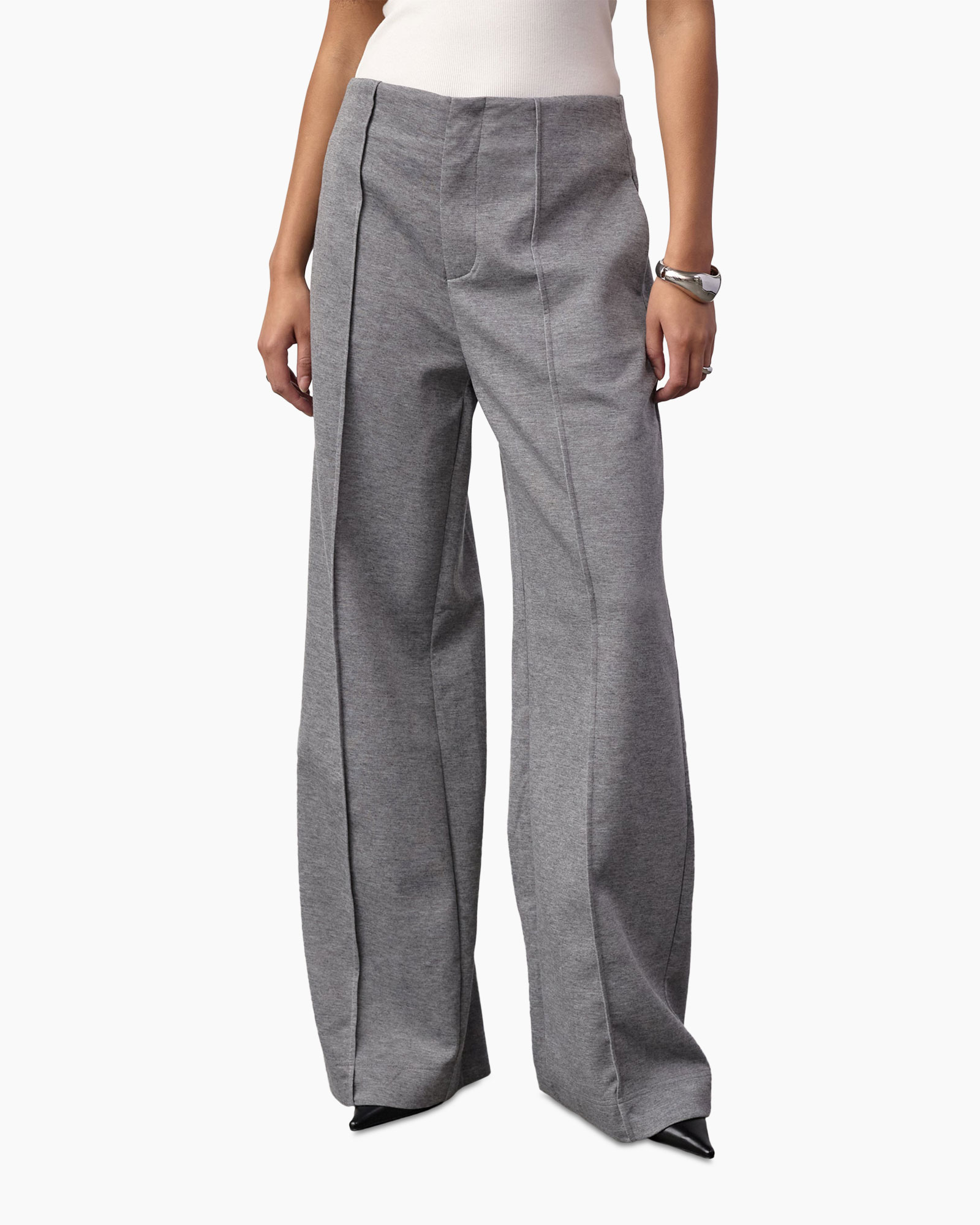 broeken, wijd uitlopend, grijs, broek, elastische taille