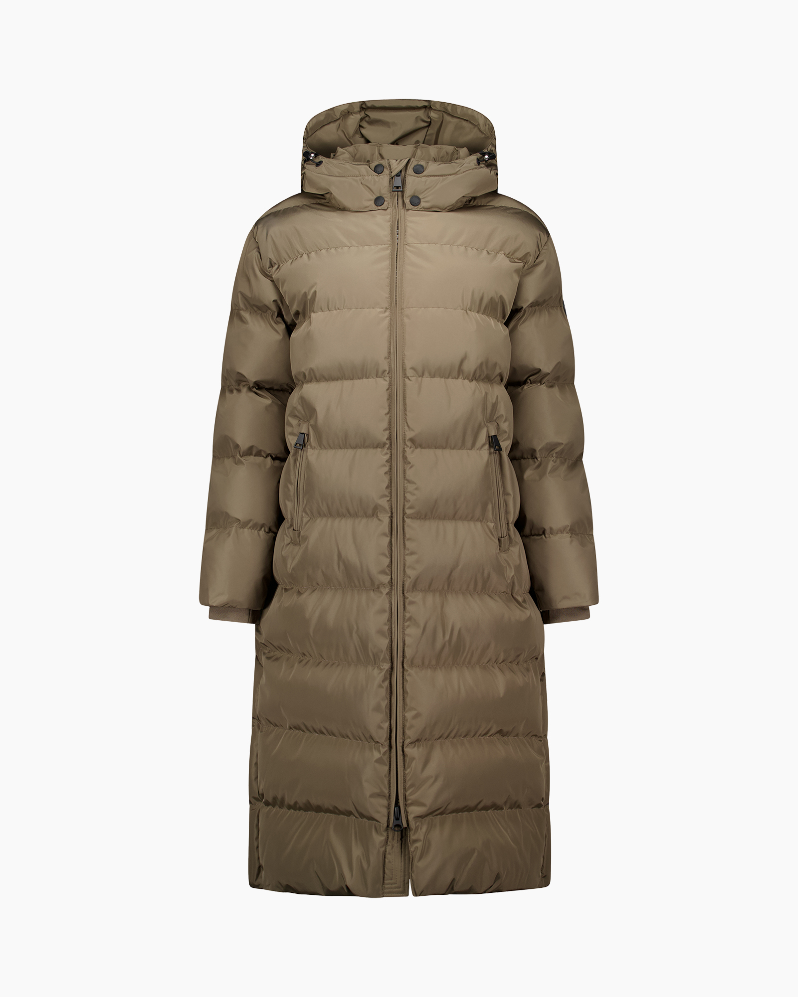 donsjak puff]
, lange jas, kap, gestreept?, ritssluiting