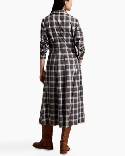 overhemdjurk, ruitpatroon, lange mouwen, midi-lengte, ceintuur in taille