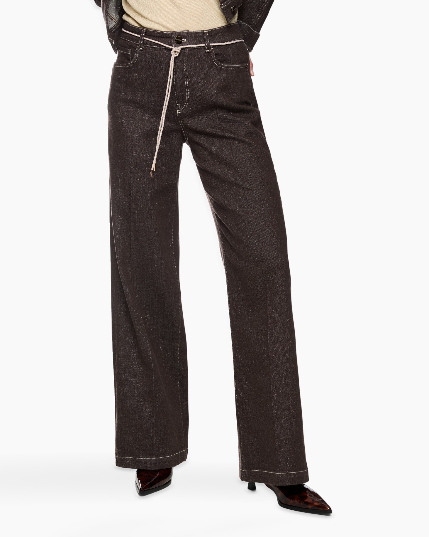 broek, trouser, donkerwas, wijd uitlopend, denim