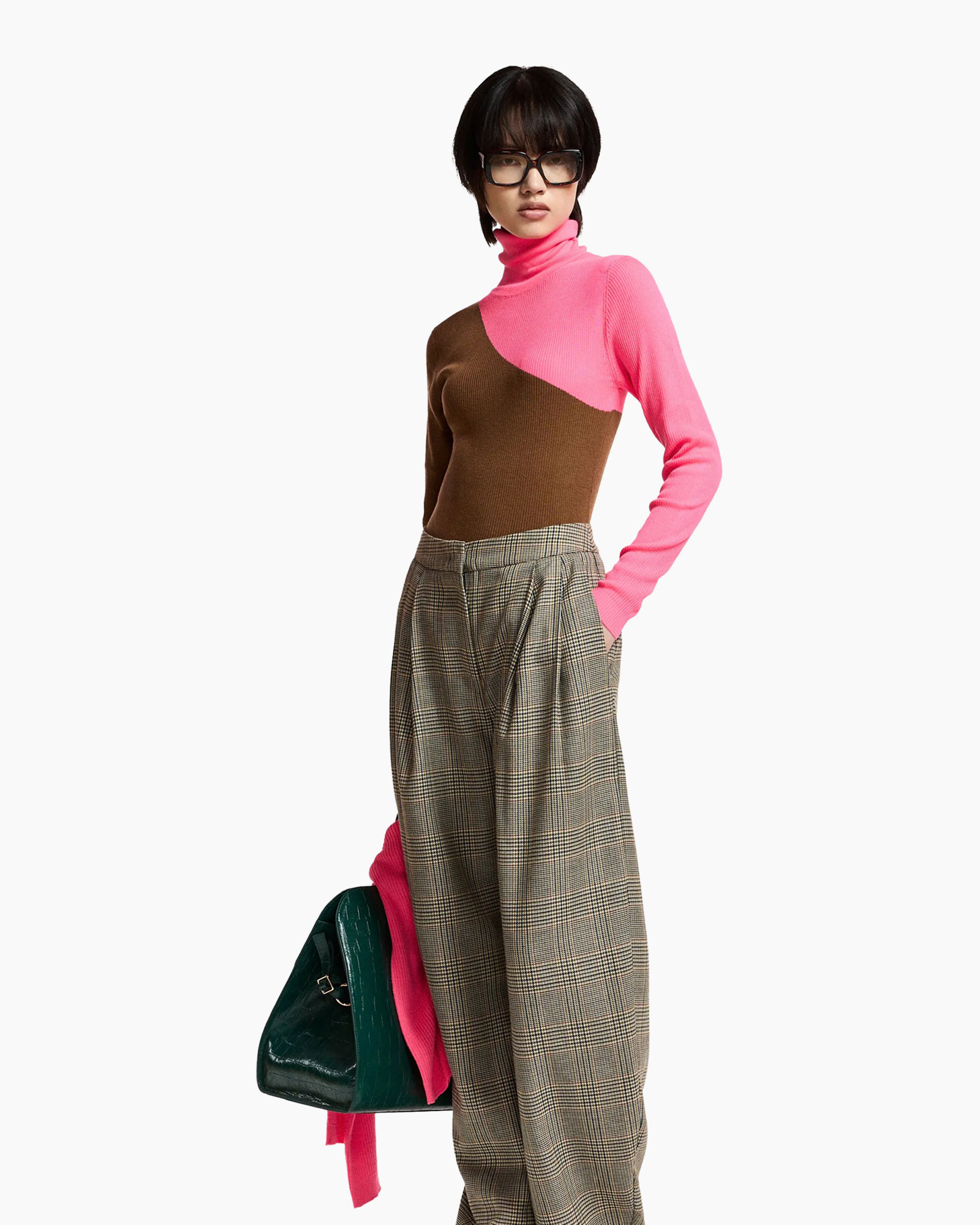 turtleneck, kleurblok, roze, bruin, plaid broek