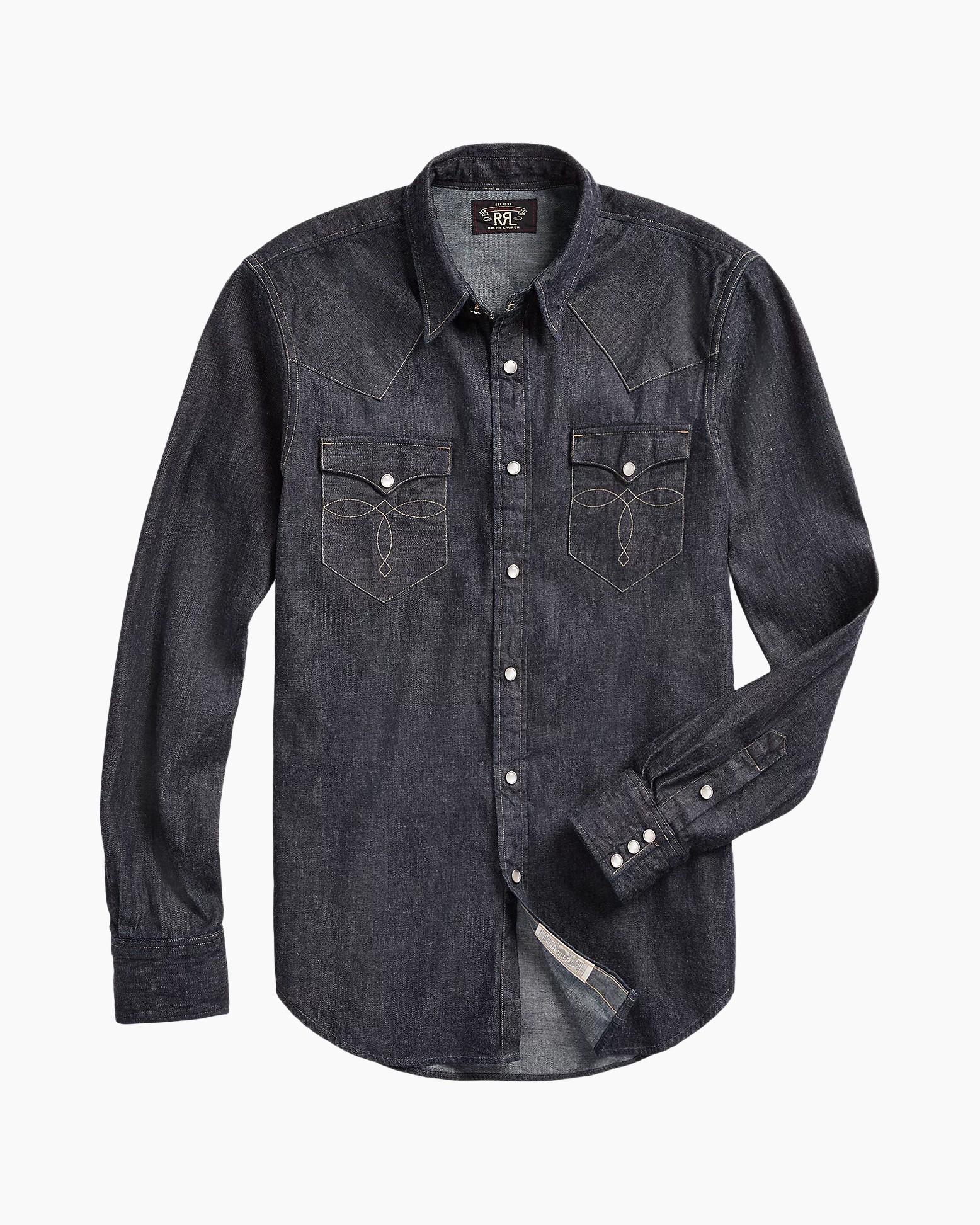 denim shirt, langer mouw, knopsluiting voor, twee borstzakken, stikwerk detail