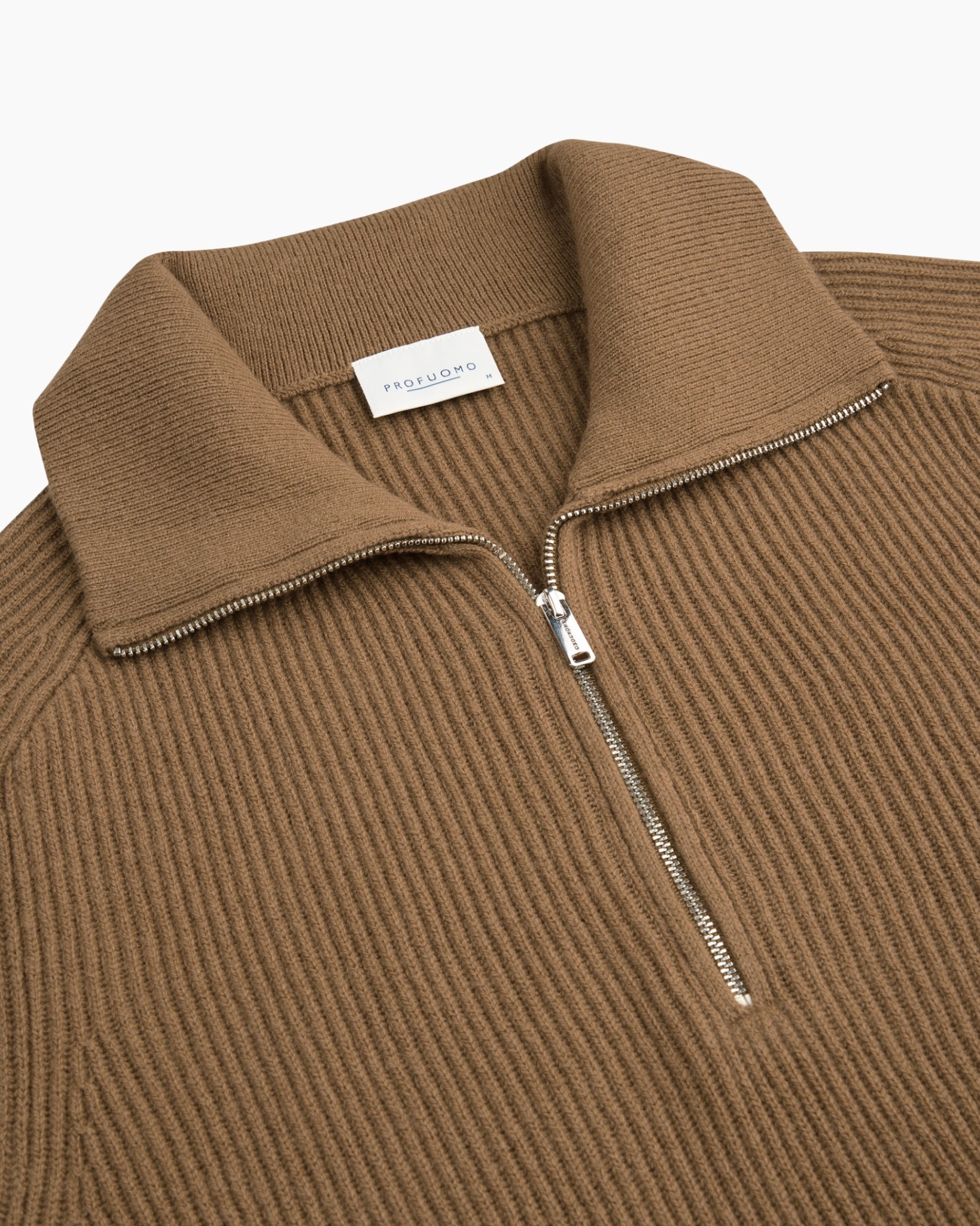 gebreide, trui,  نصف-zip, bruin, ribbel