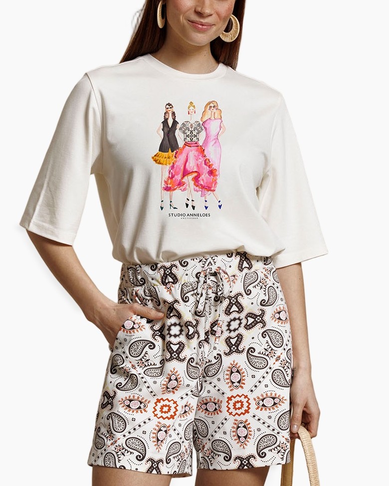 t-shirt, grafisch, shorts, paisley, vrouw