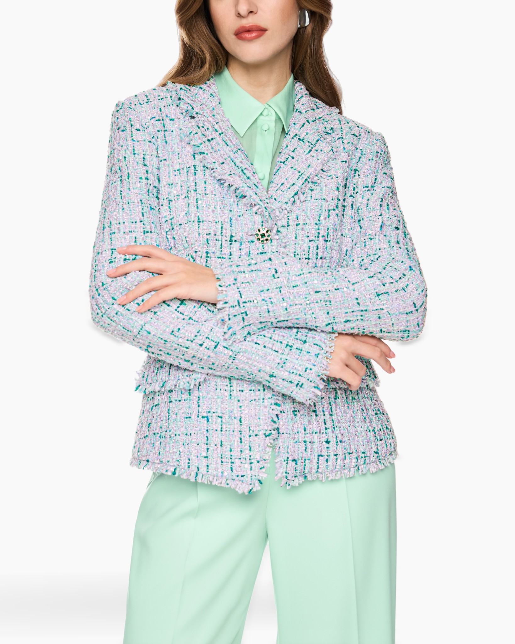 tweed blazer, dubbelrij, pastelgroen, gerafelde rand, damestacket