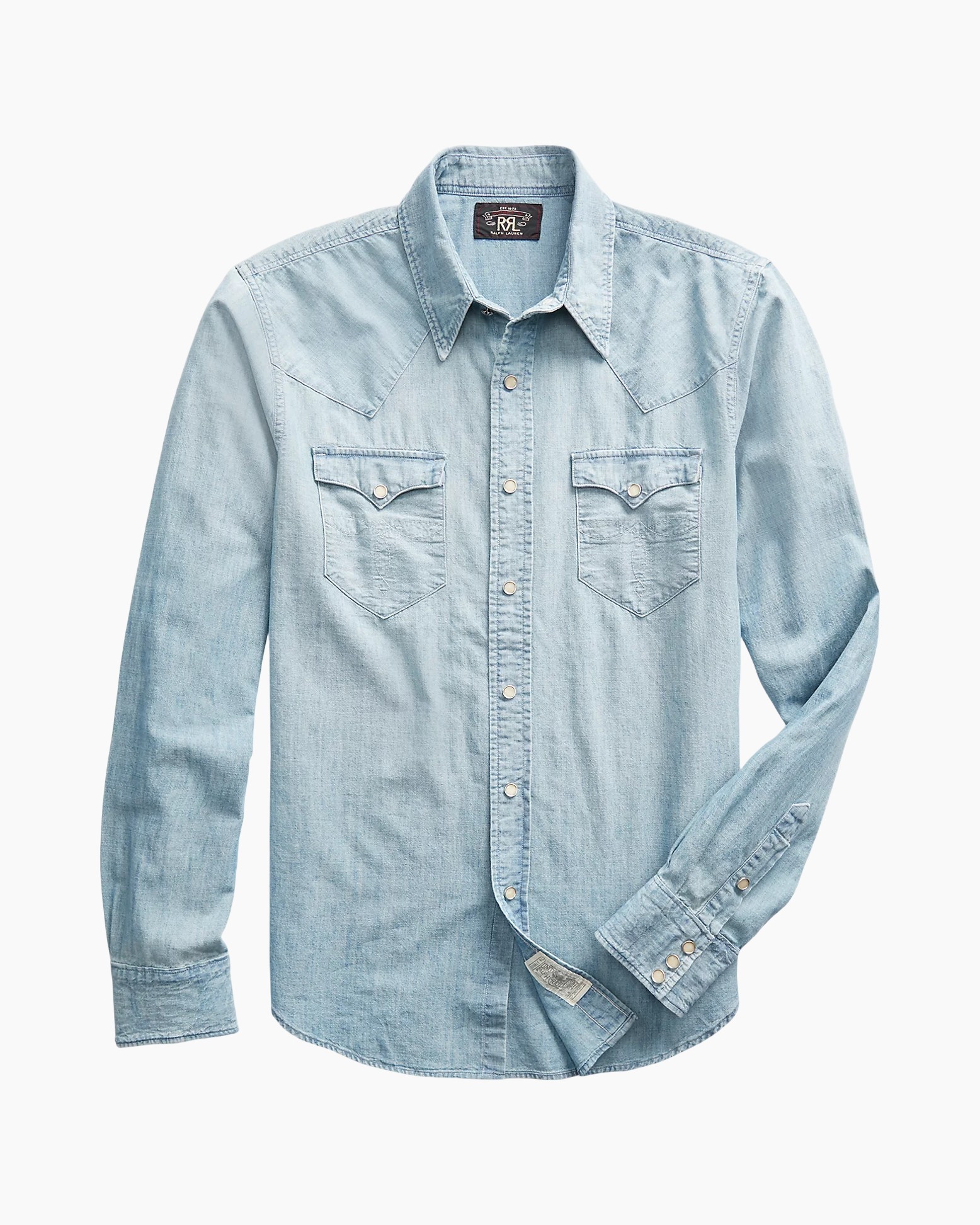 denim, hemd, knoopslijn, zakken, lichtblauw