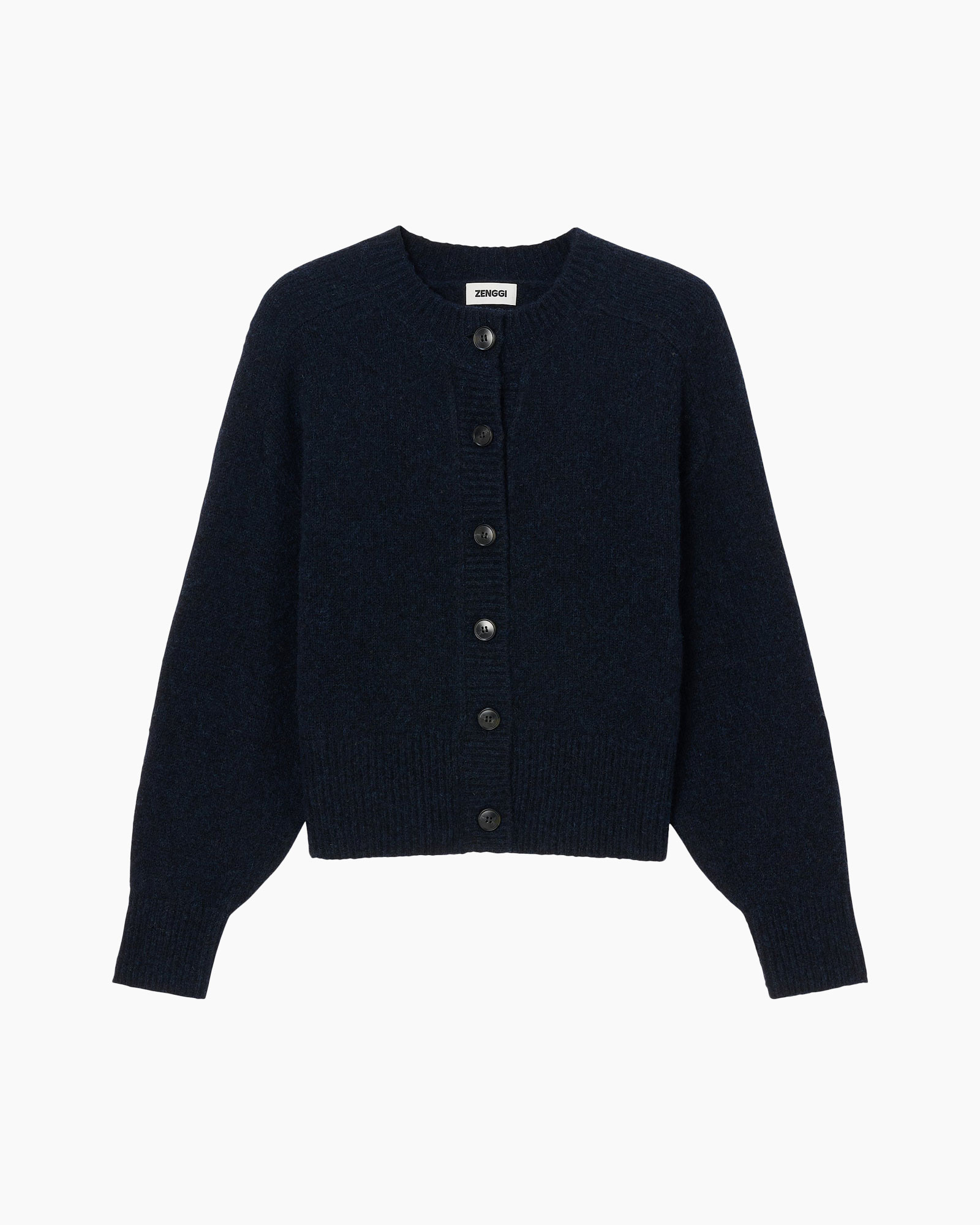 cardigan, marineblauw, brei, knopen, rundhals