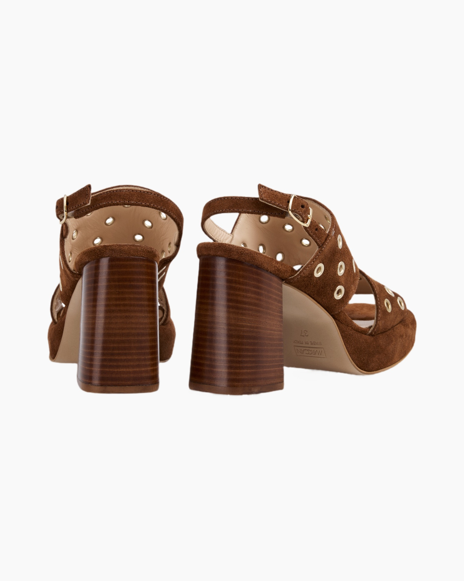 sandalen, blokhak, perforatie, bruin, leer/suede