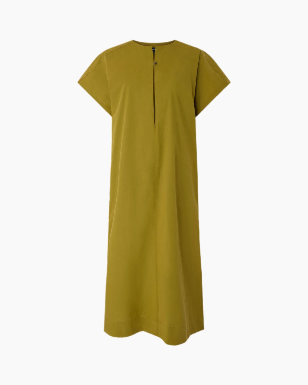 lange jurk, linnen look, olijfgroen, korte mouwen, voorste split