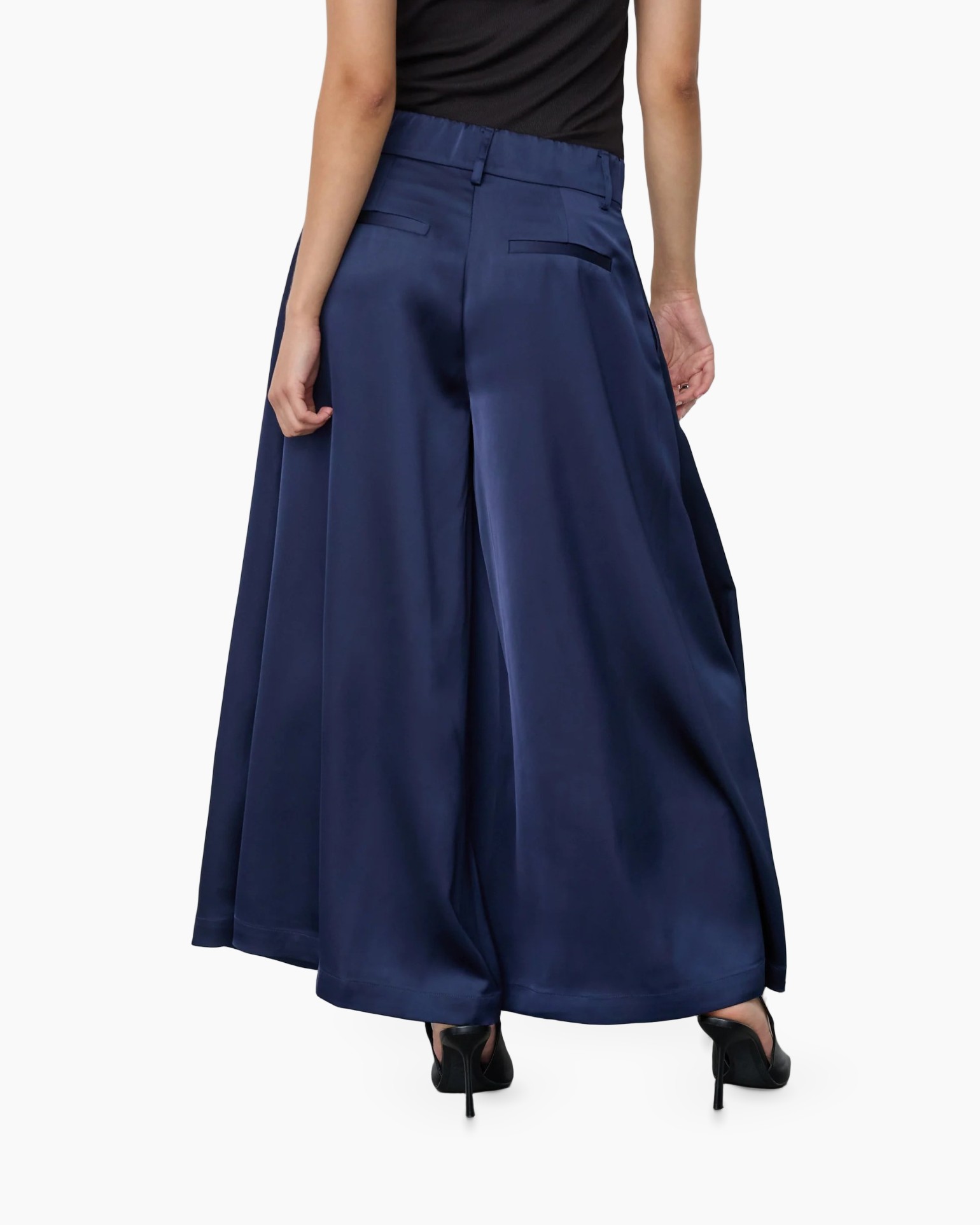 Wijde broek, Marineblauw, Hoge taille, Plooien, Zijzakken