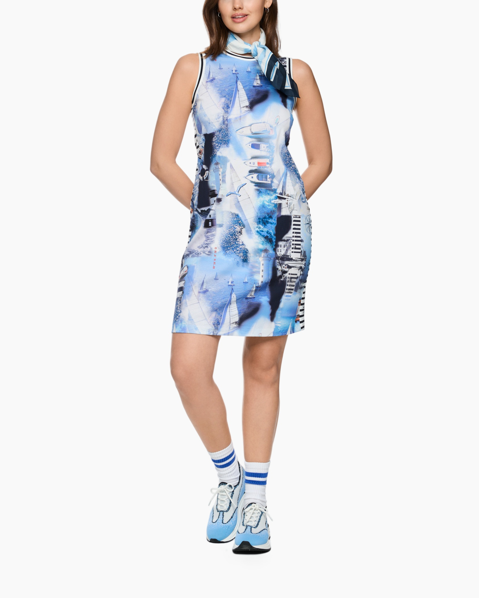 dress, sleeveless, print, blue, pattern
