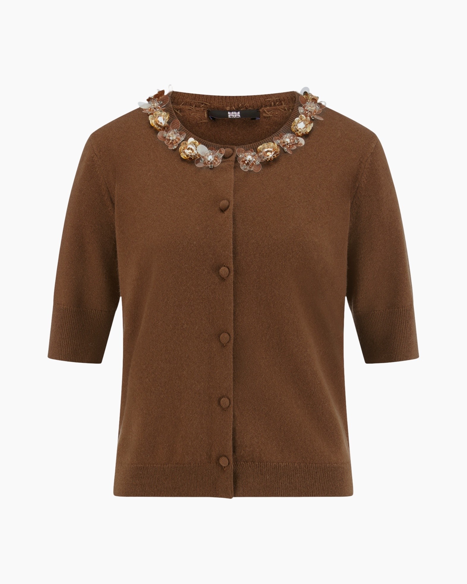 cardigan, bruin, brei, korte mouwen, kraagloos