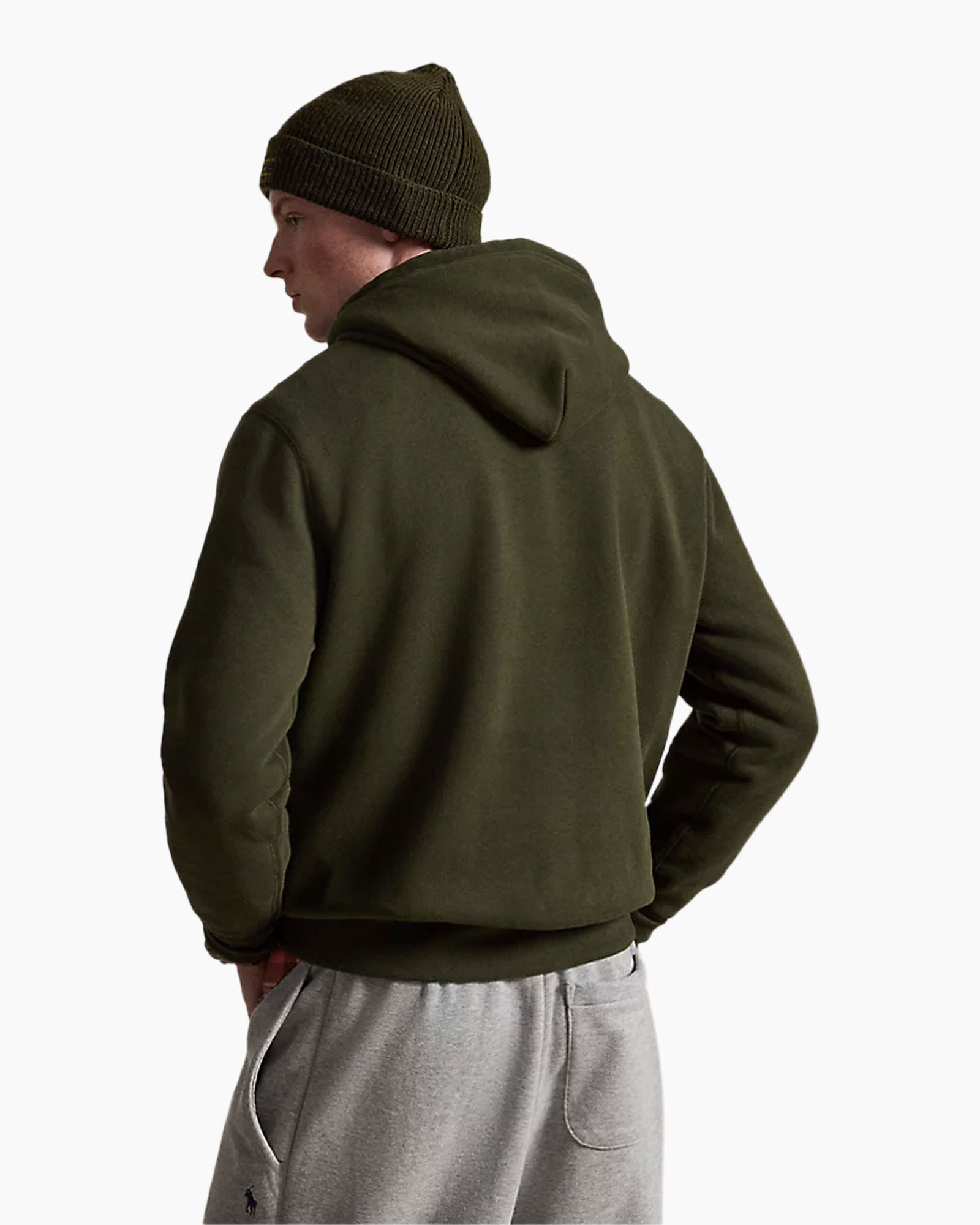 hoodie, olijfgroene, touwtjes, zak, logo