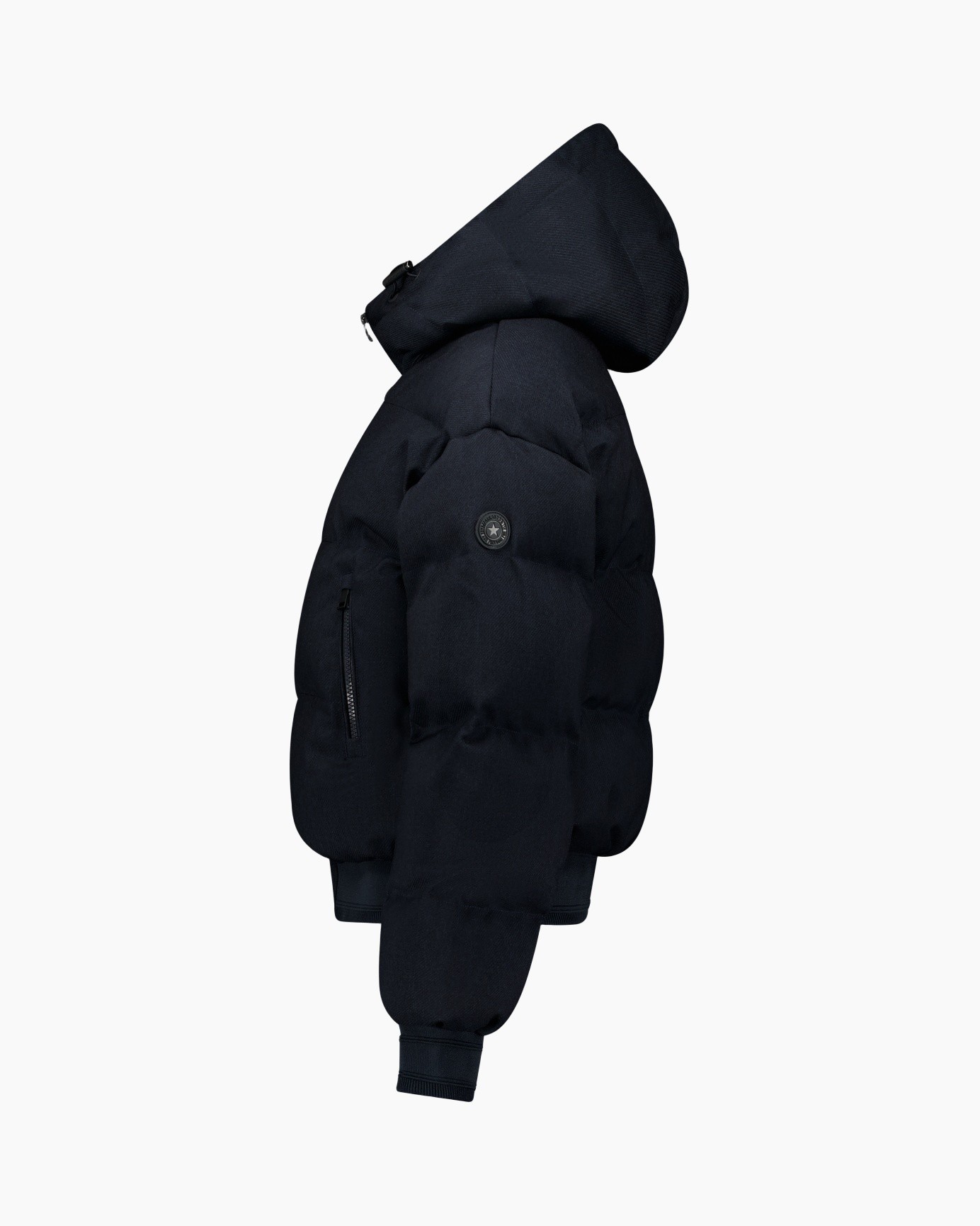 jas, puffer, kapuze, donkerblauw, geverfd