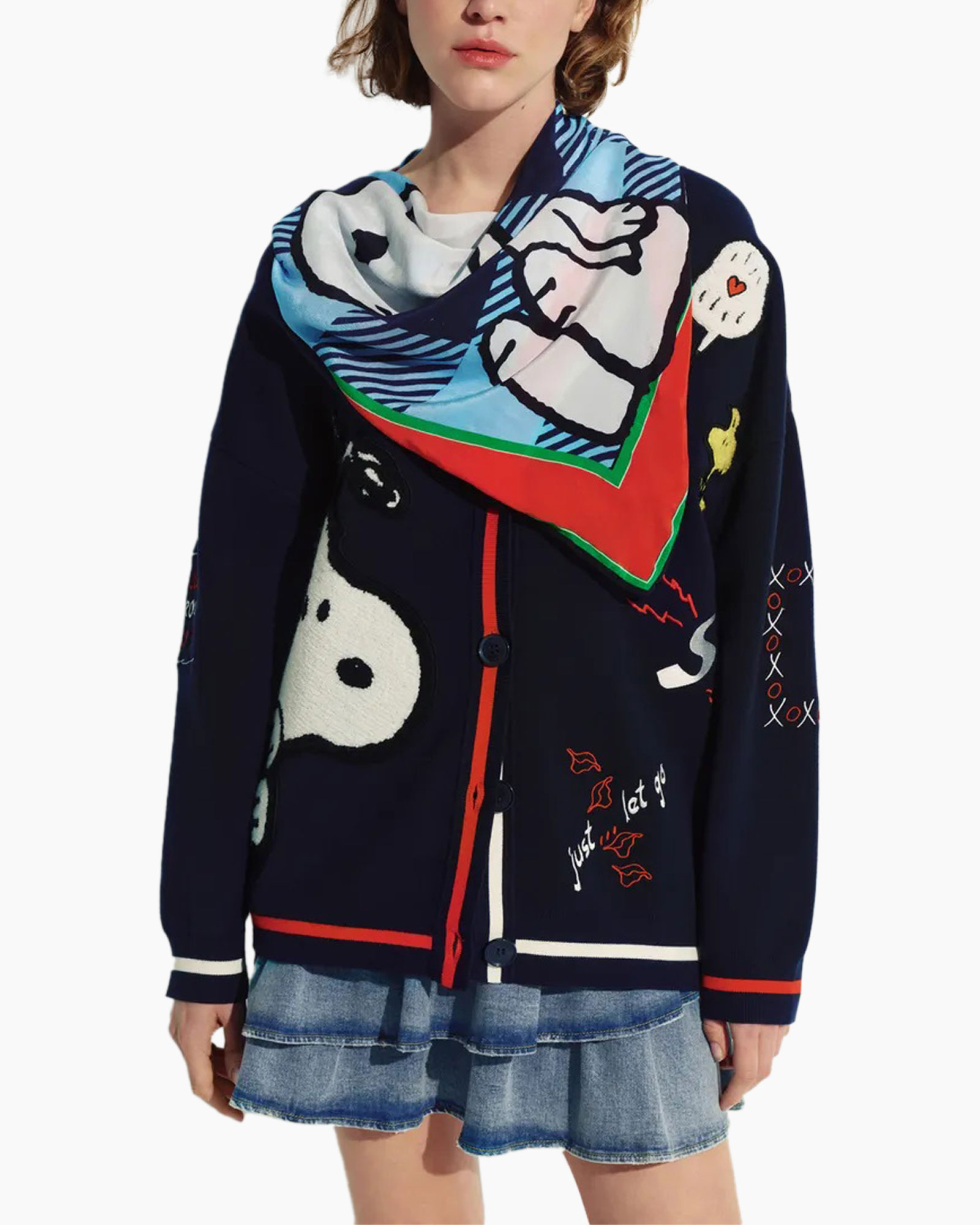 cardigan, navy, graphic, scarf, embroidery