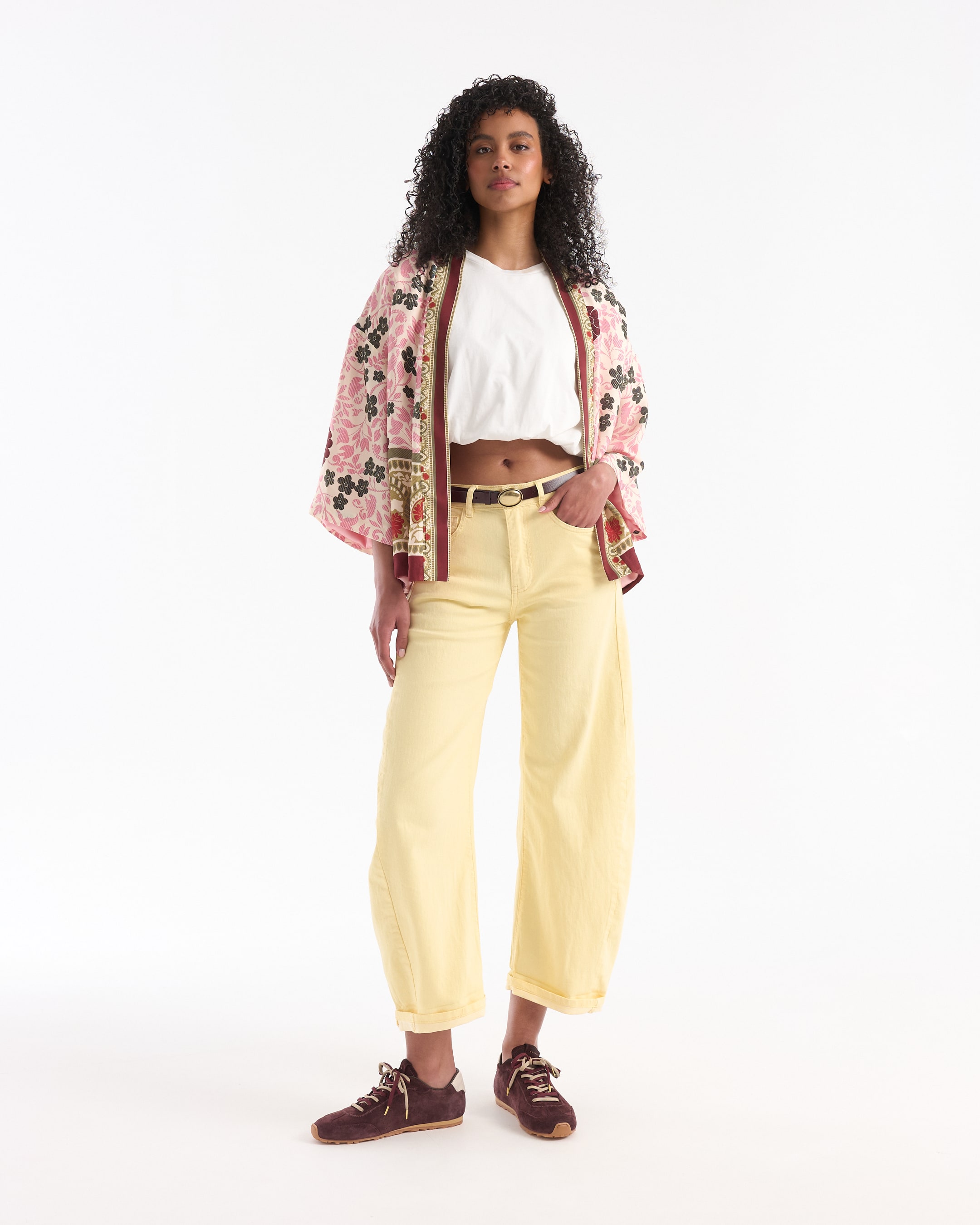 kimono, kimono jacket, floral print, pink, wide pants