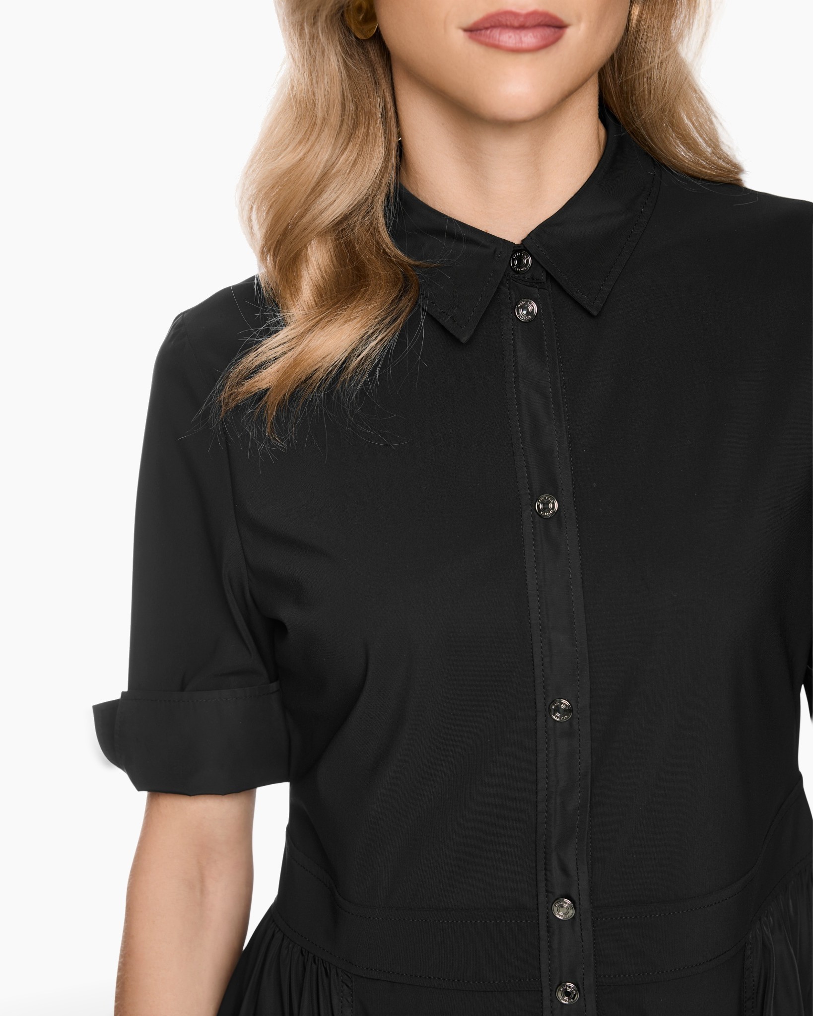 sheer, black, button-down, kraag, mouwen kort