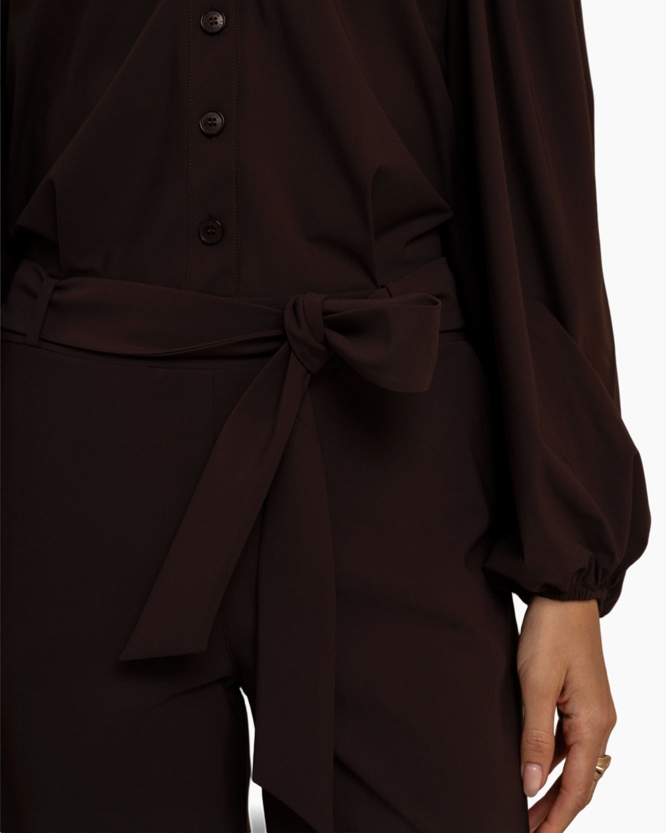 jumpsuit, riem, omslag, lange mouwen, donkerbruin