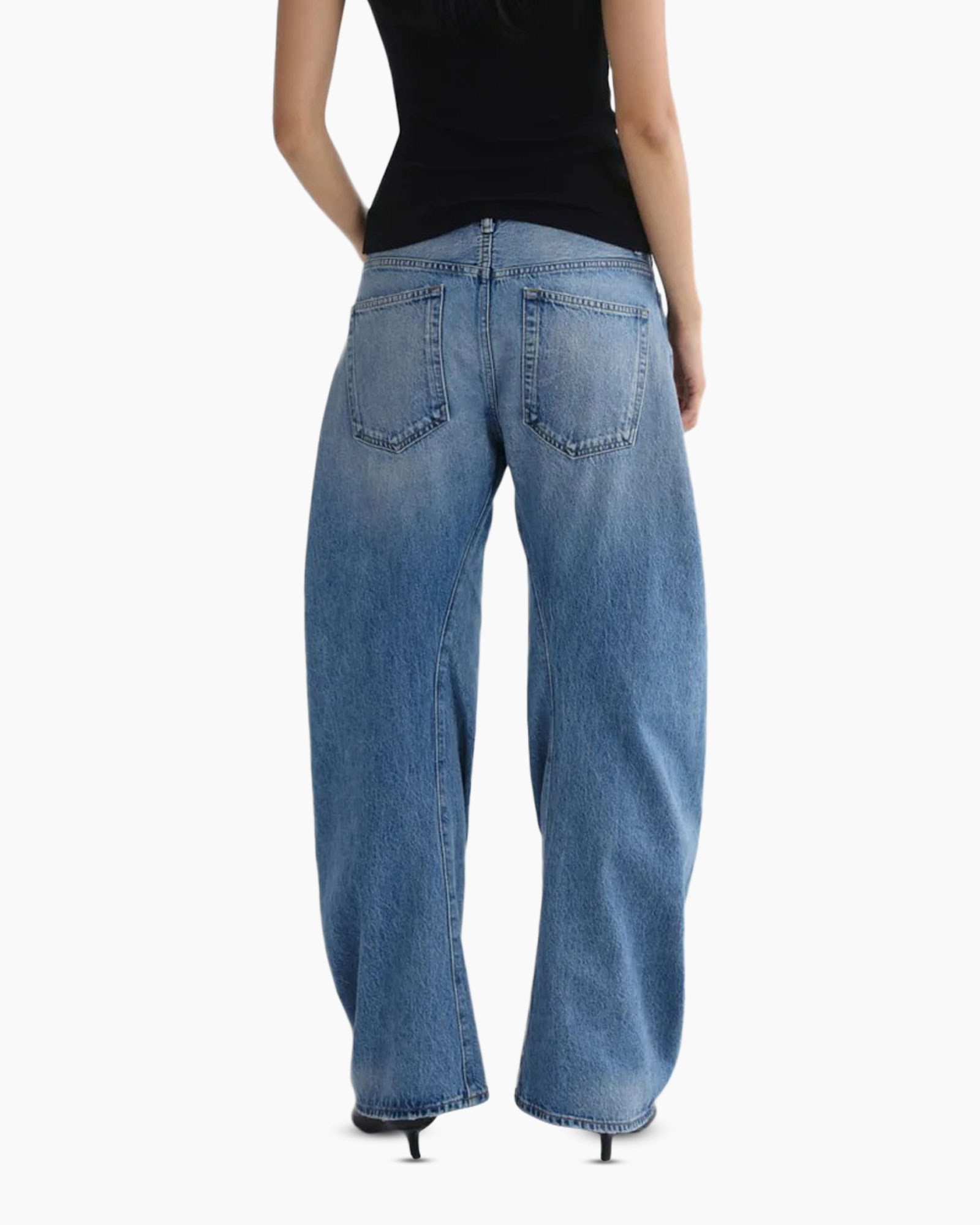 wijdte broek, blauwe denim, hoge taille?, stonewash, broek