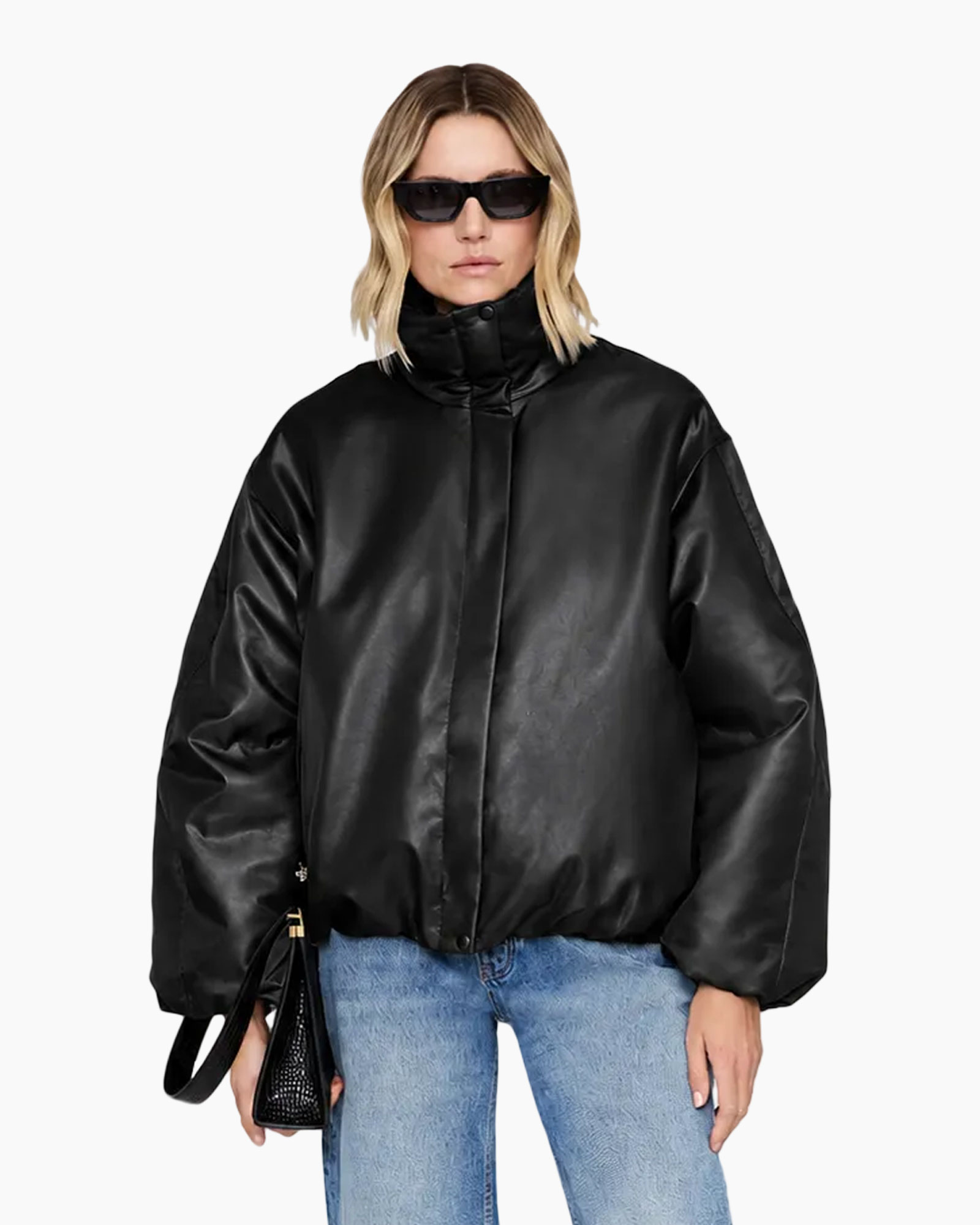 Puffer jas, zwarte jas,  oversized, hoge kraag, gladde stof