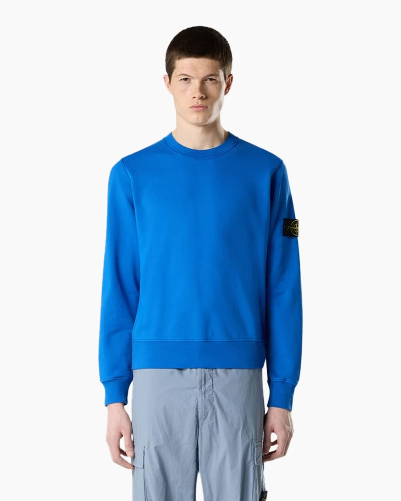 sweatshirt, blauw, kraagloos, langemouwen, logo patch