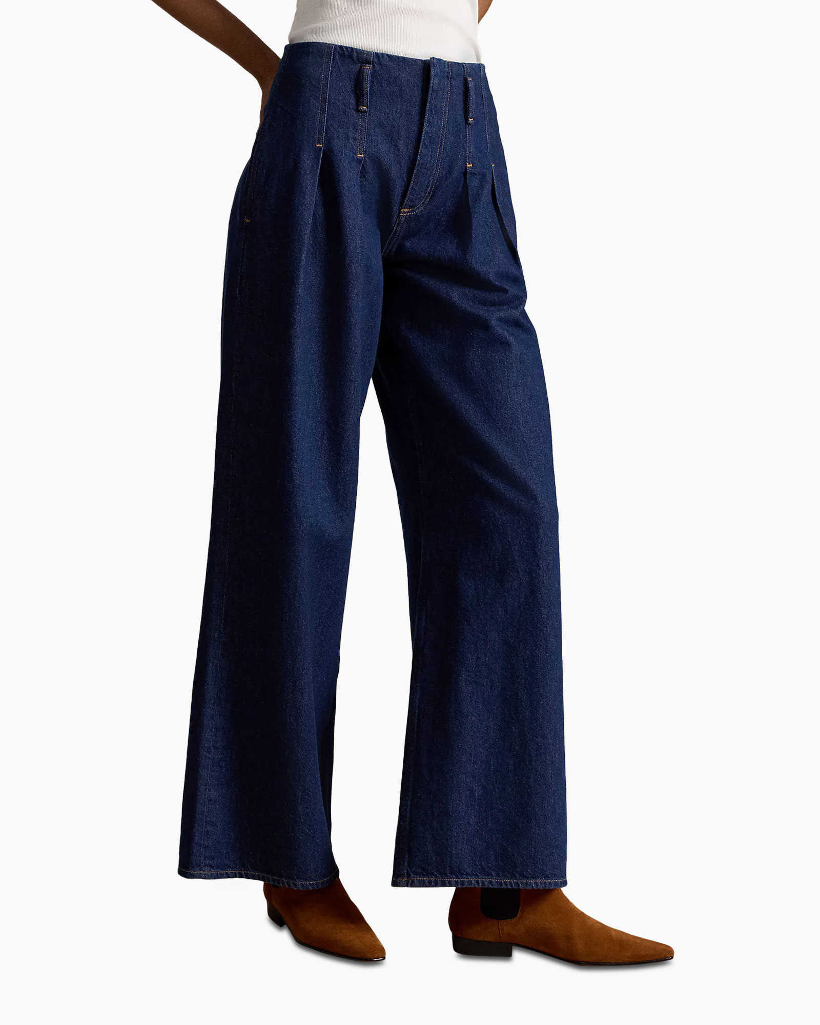 wijdge-leg, denim, broek, spijkerbroek, bruine-botjes