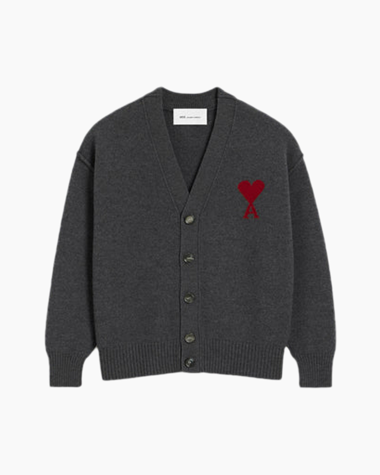vest cardigan, knopen, hartembleem, donkergrijs, breiwerk