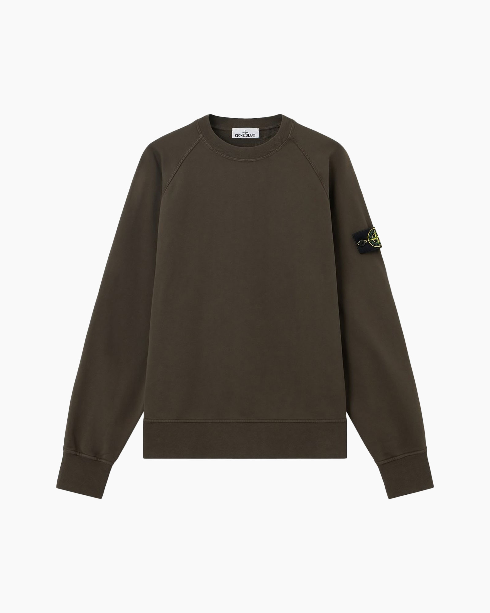 sweatshirt, lange mouwen, olijf groen, kraagloze ronde hals, logo patch