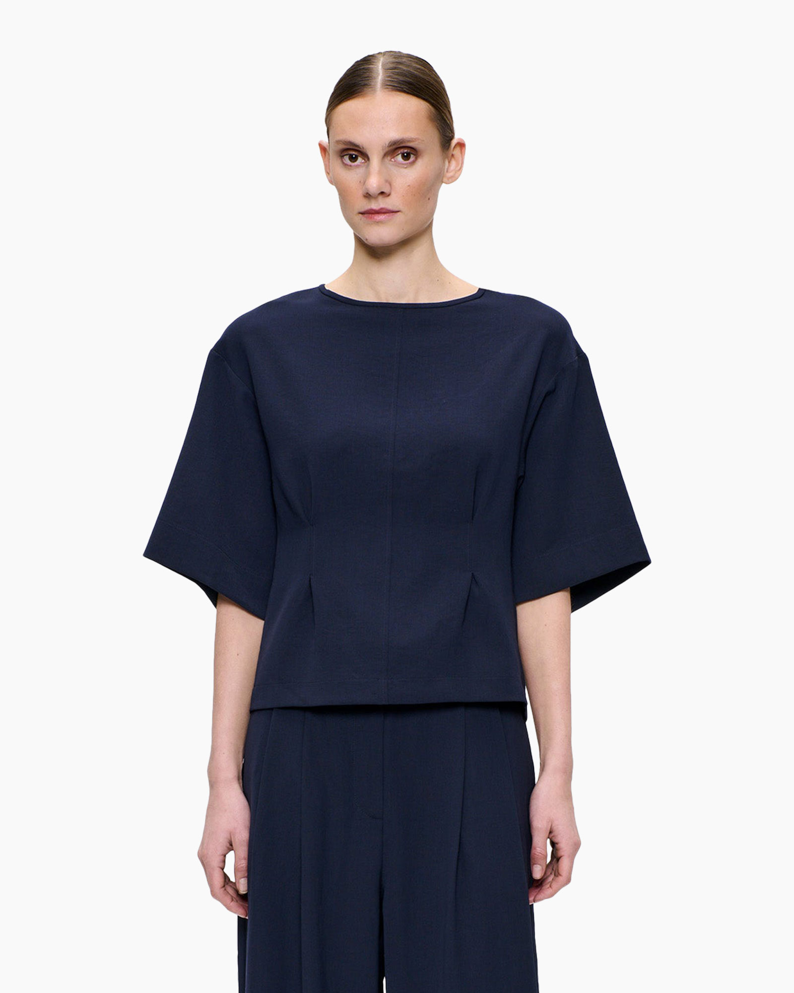 marine blauw top, kimono mouwen, short sleeve, ronde hals, .effen kleur