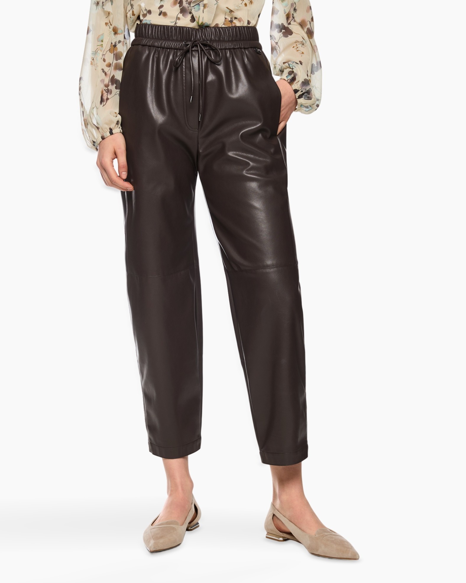 broek, leer, losse, elastische tailleband, trekkoord