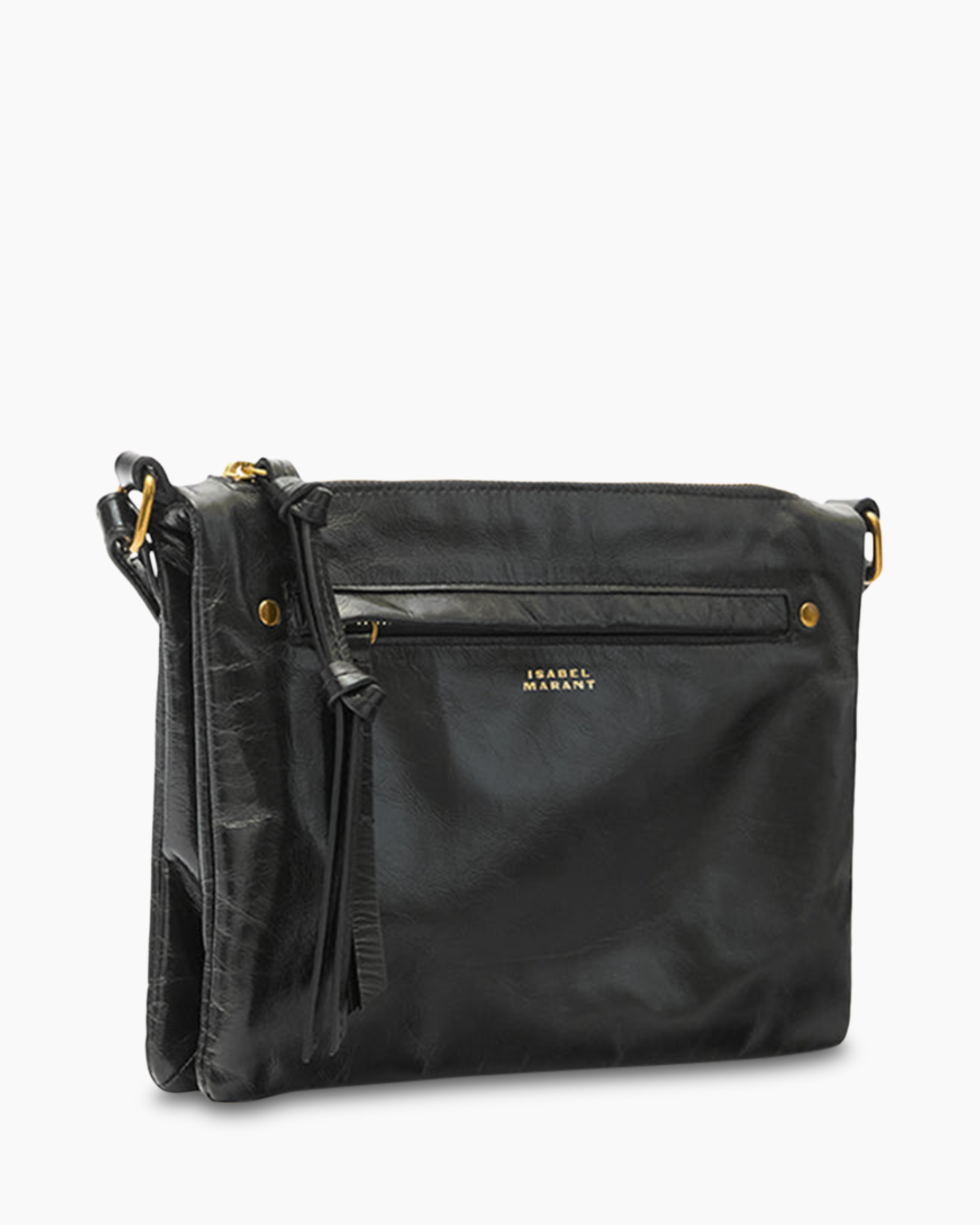 zwart, schoudertas, leer, zak, gouden accenten