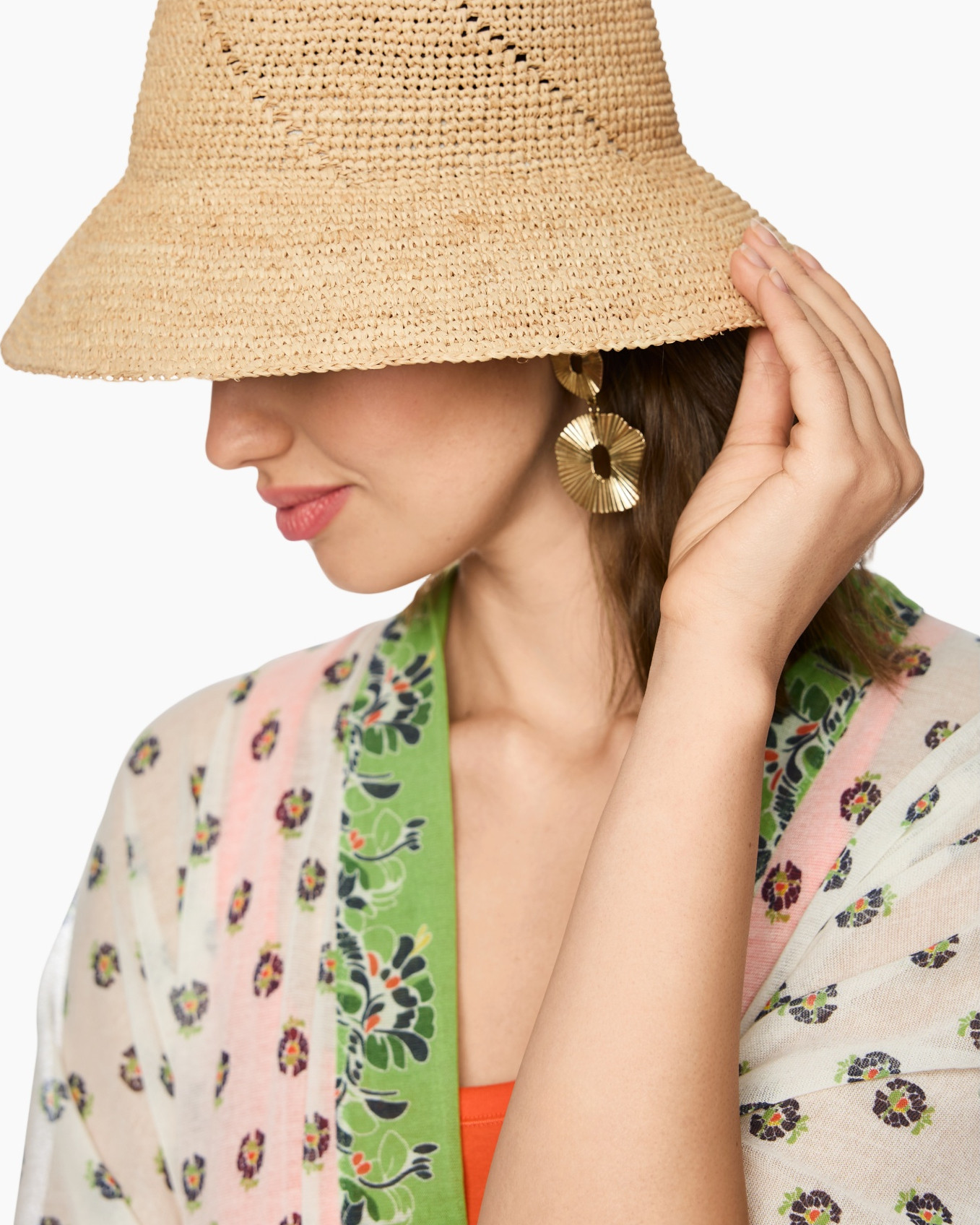 straw hat, wide brim, gold earrings, floral cardigan, spring fashion