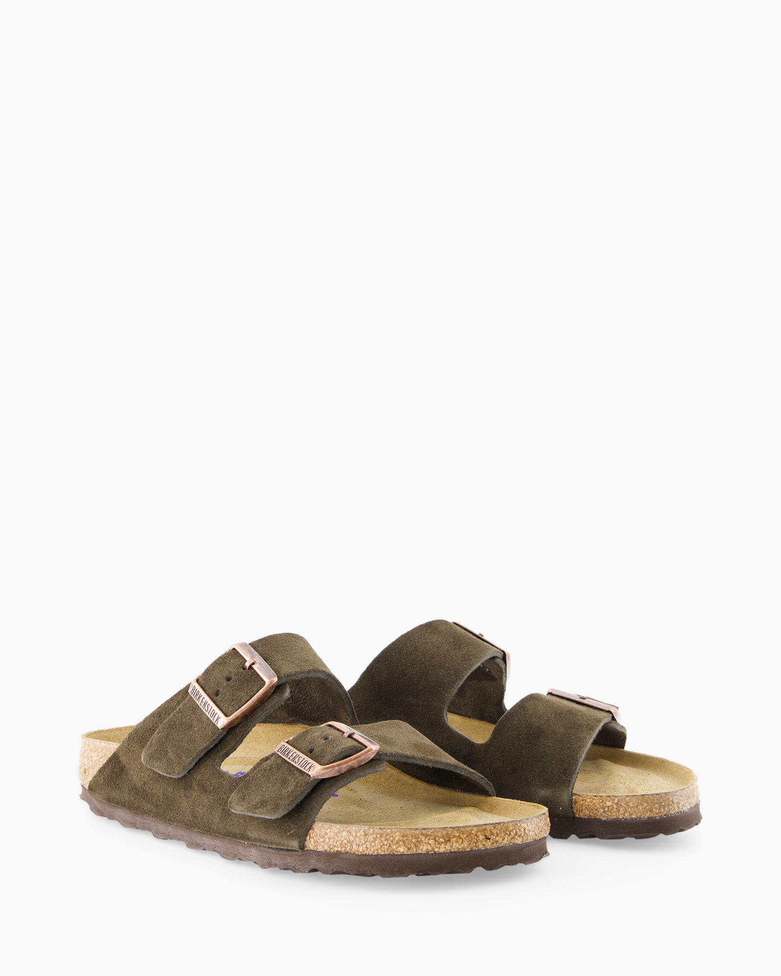 sandals, two-strap, buckled, suede, olive