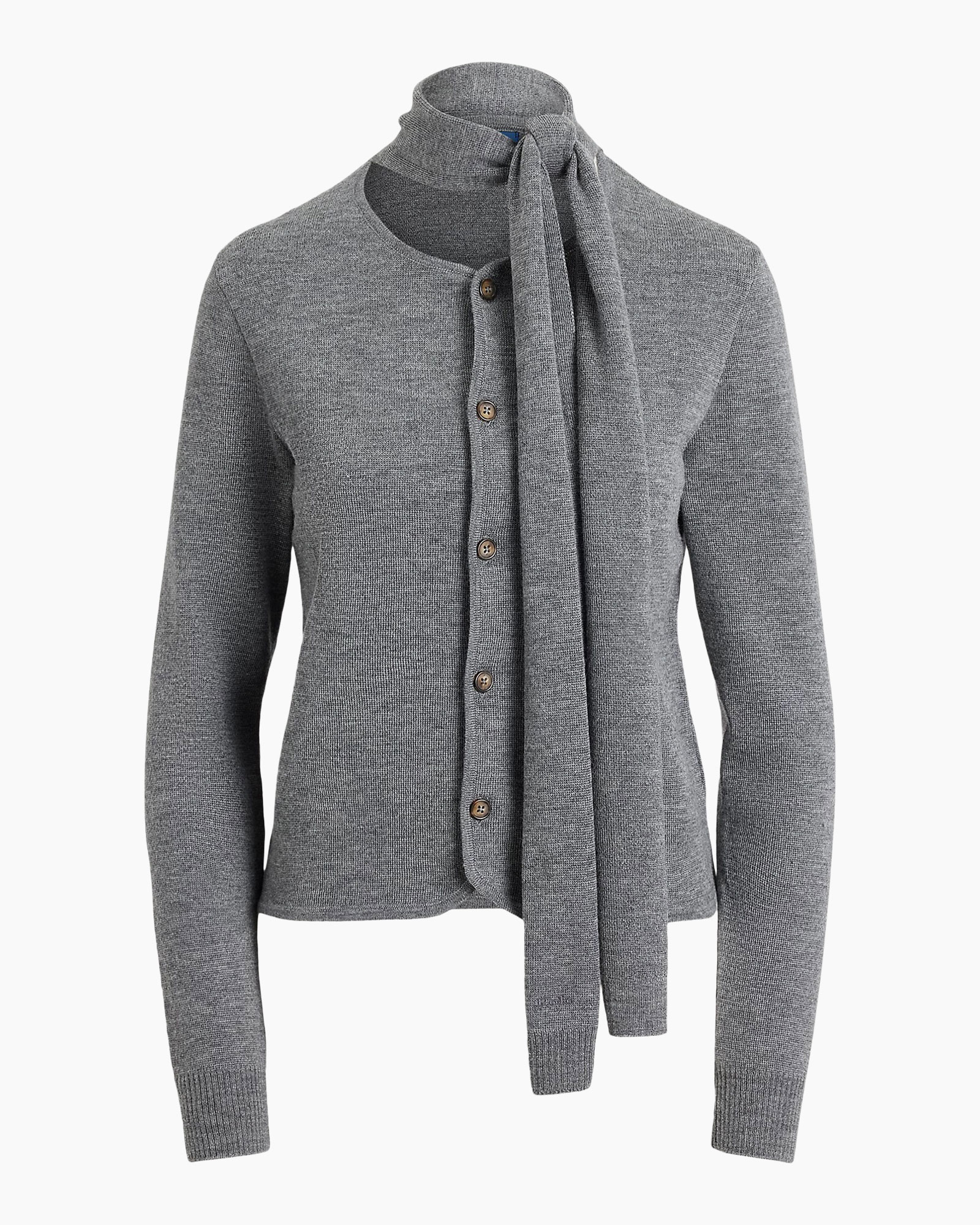 gebreide cardigan, knopsl cardigan?, sjaal detail, lange mouwen, grijs