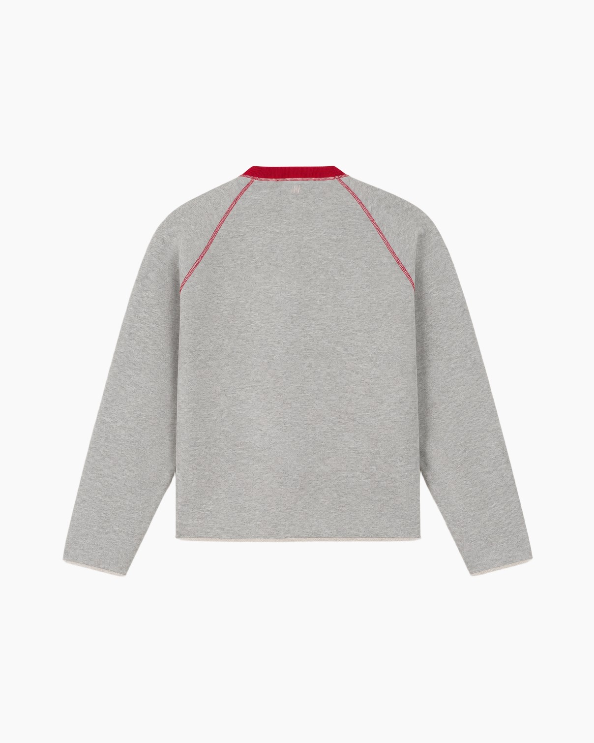 sweatshirt, grijs, langemouw, kraagloze ronde hals, rode stiksels
