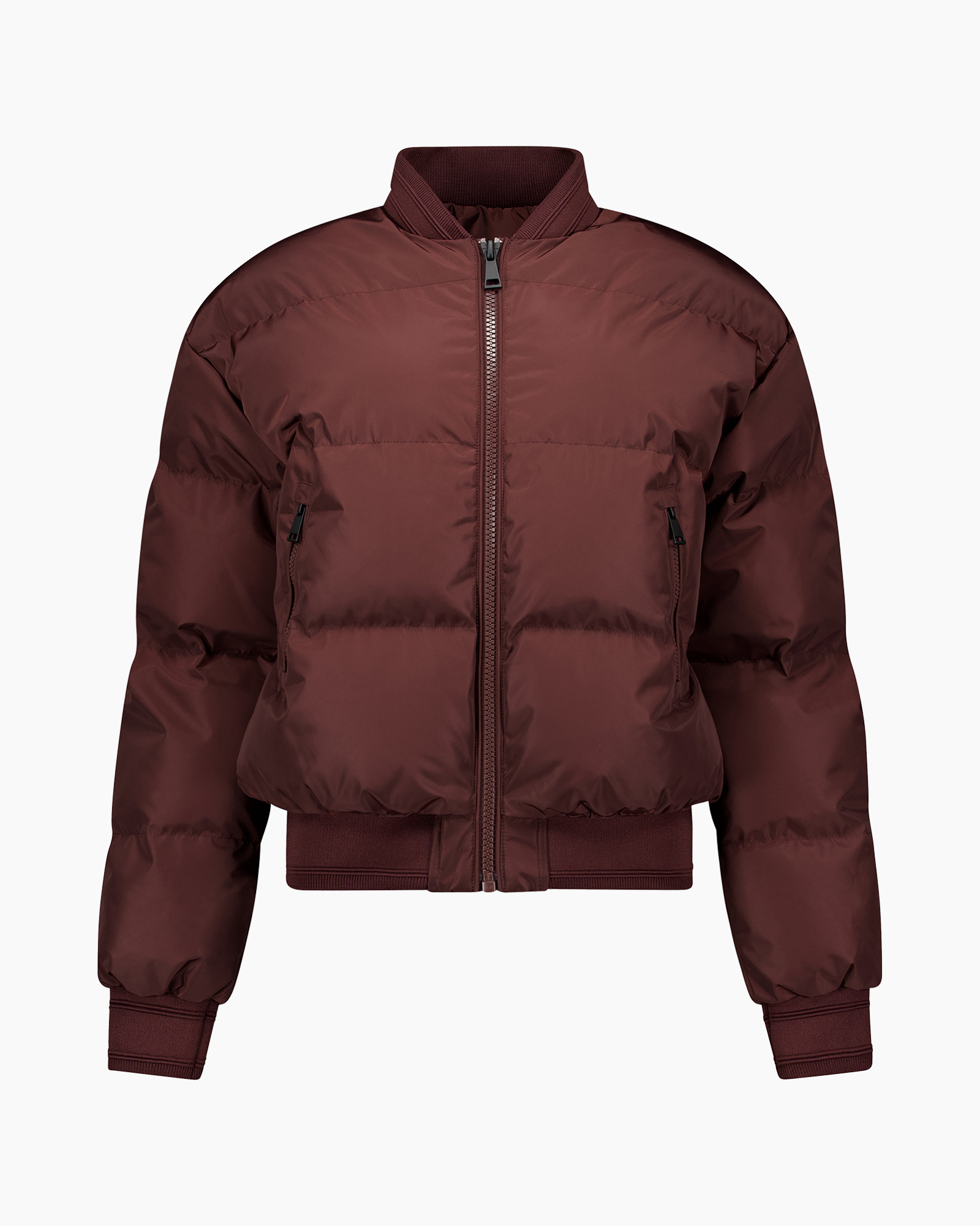 jas, puffer, bordeaux, rits, geribdeerde-boord