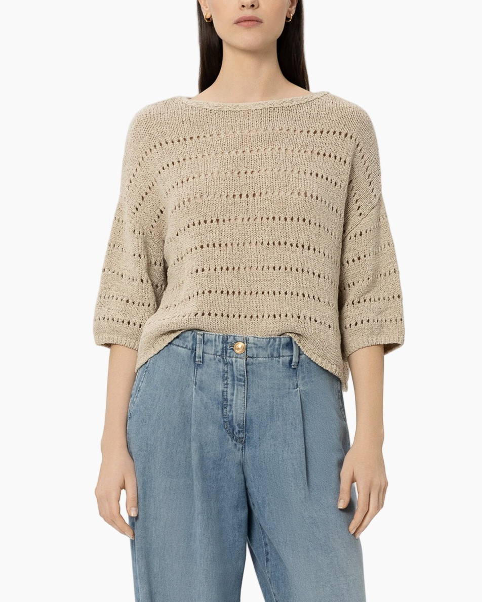 knit sweater, beige, loose fit, textured knit, three-quarter sleeves