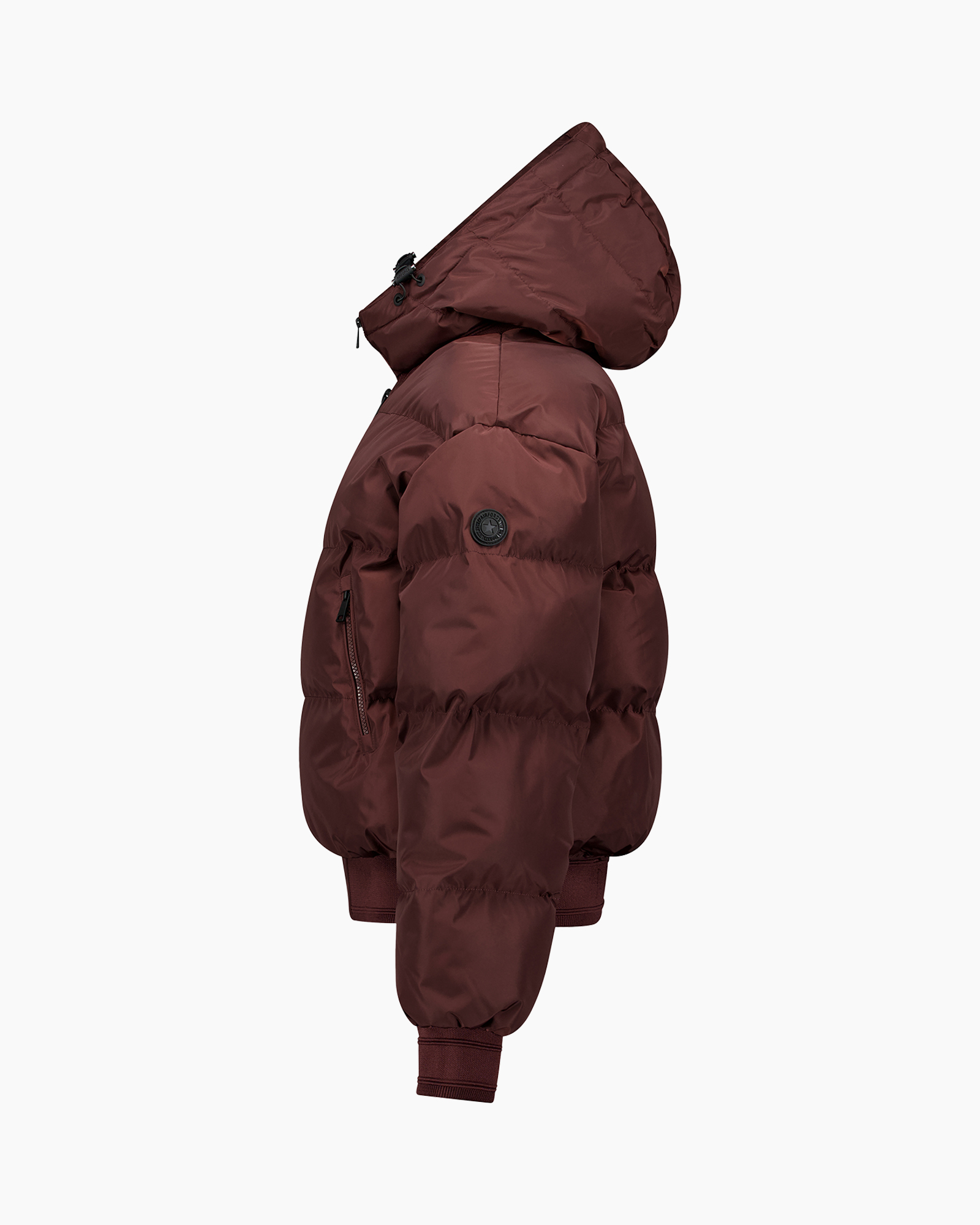 jas, puffer, hoed, bordeaux, gevoerd