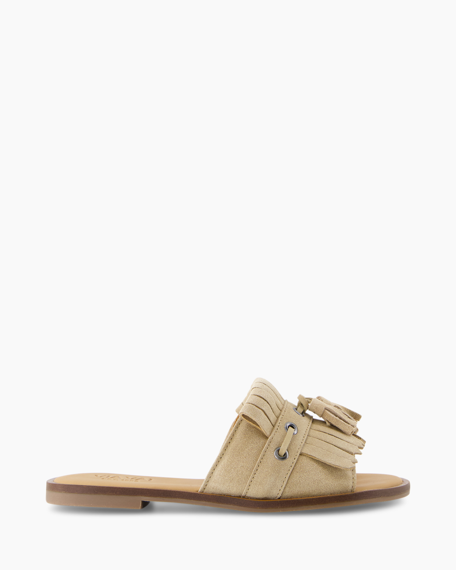 sandalen, slides, beige, franje, leer