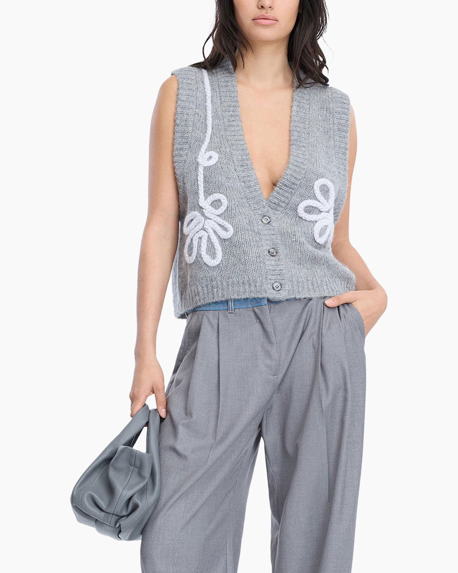 knit vest, grey, sleeveless, v-neck, embellished pattern