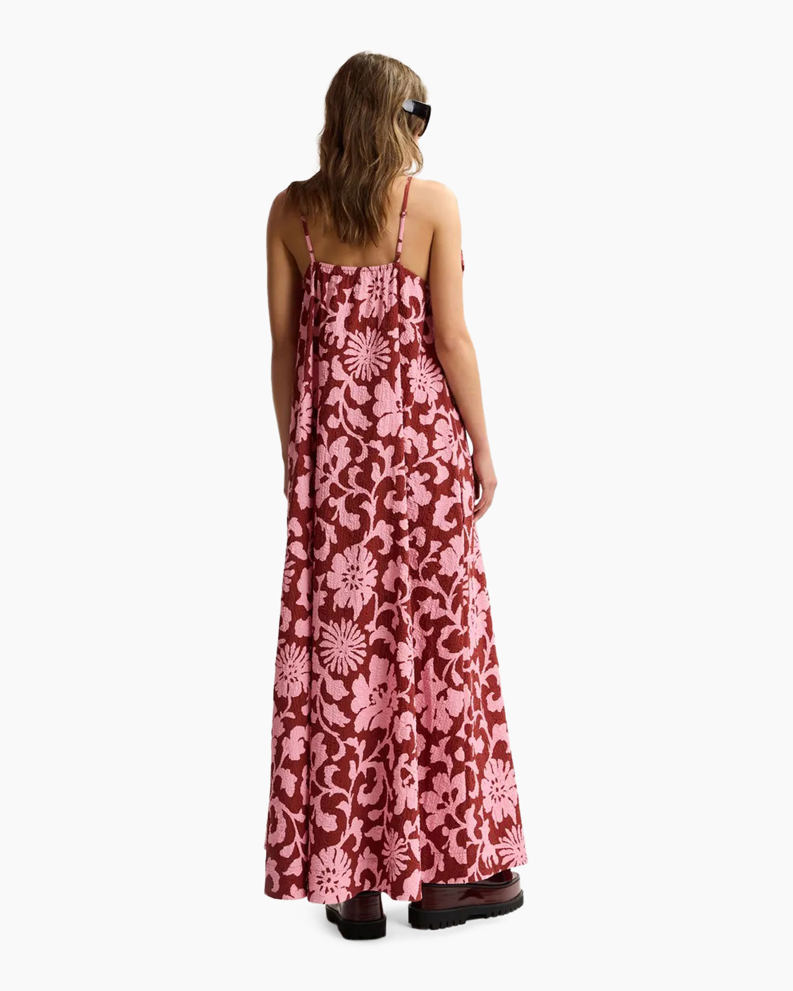maxidress, floralen patroon, zomerjurk, roze maroon, strikriem