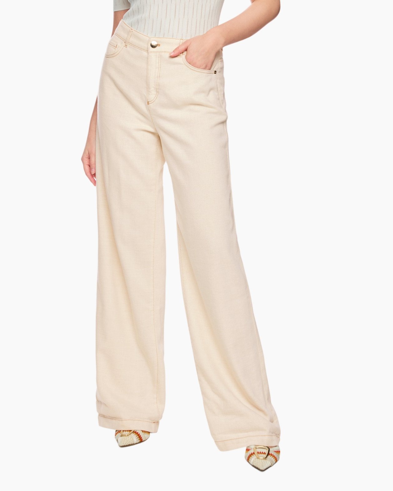 broek, wijd uitlopend, beige, denim-achtig, voorluchtzakken