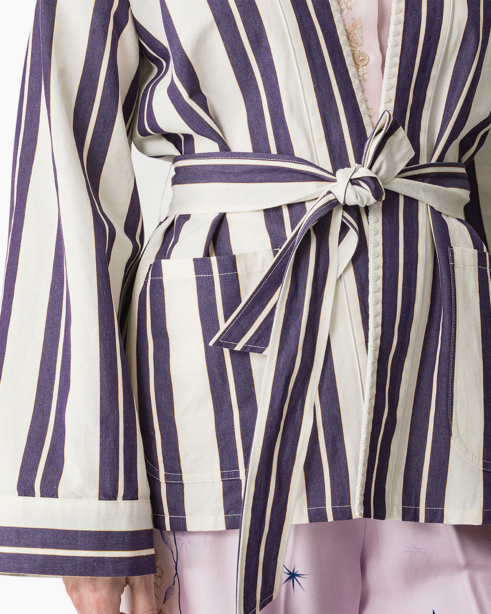 gestreept, jas, riem, lange mouw, touwceken/riem