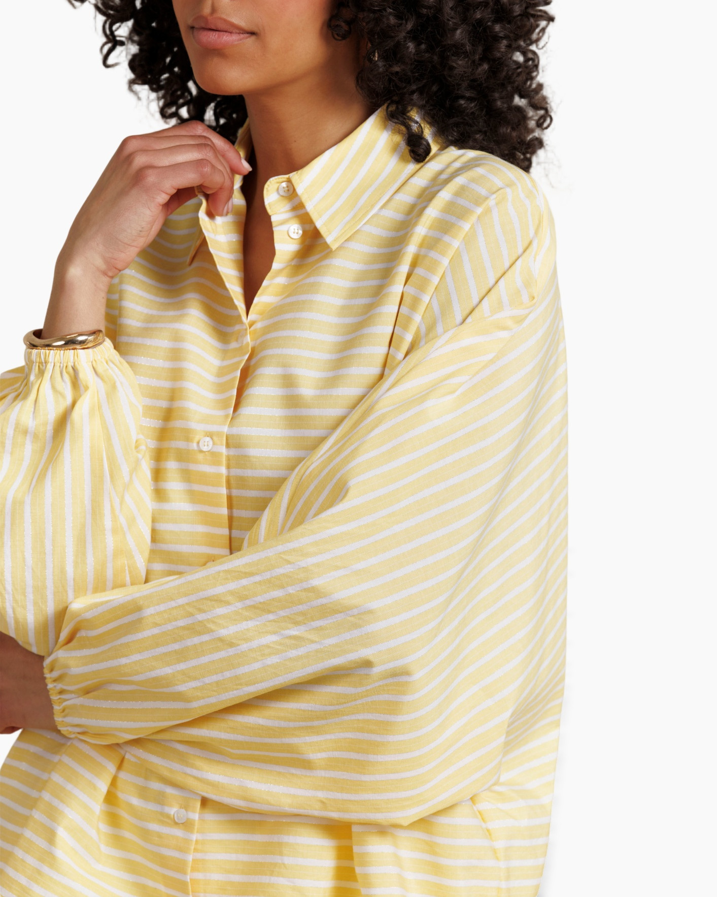 gestreept, blouse, geel, kraag, langemouw