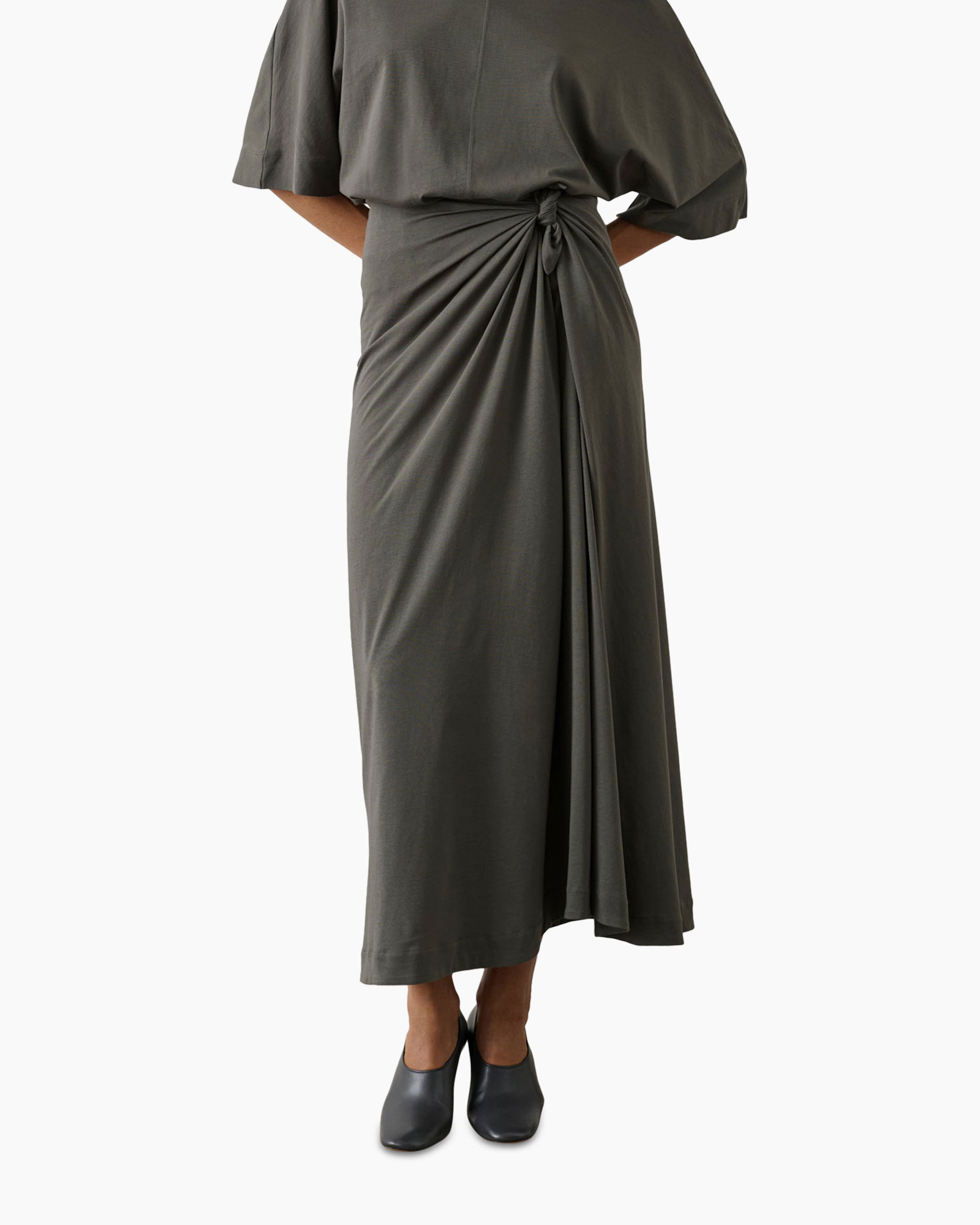 dress, wrap, ankle-length, solid, olive