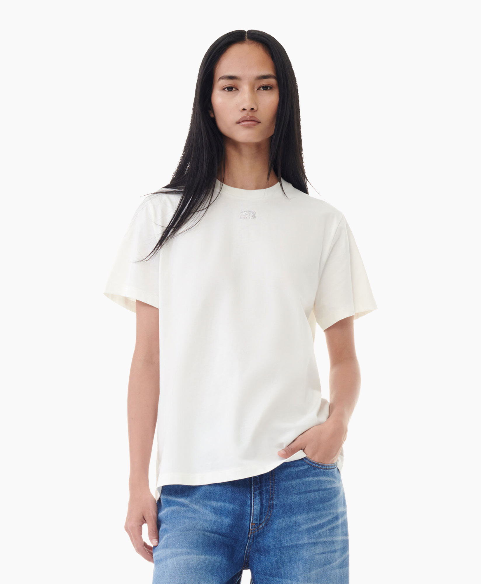 T-shirt Korte Mouw Basic Jersey Rhinestone Relaxed Ecru T-shirt Korte Mouw Basic Jersey Rhinestone Relaxed Ecru